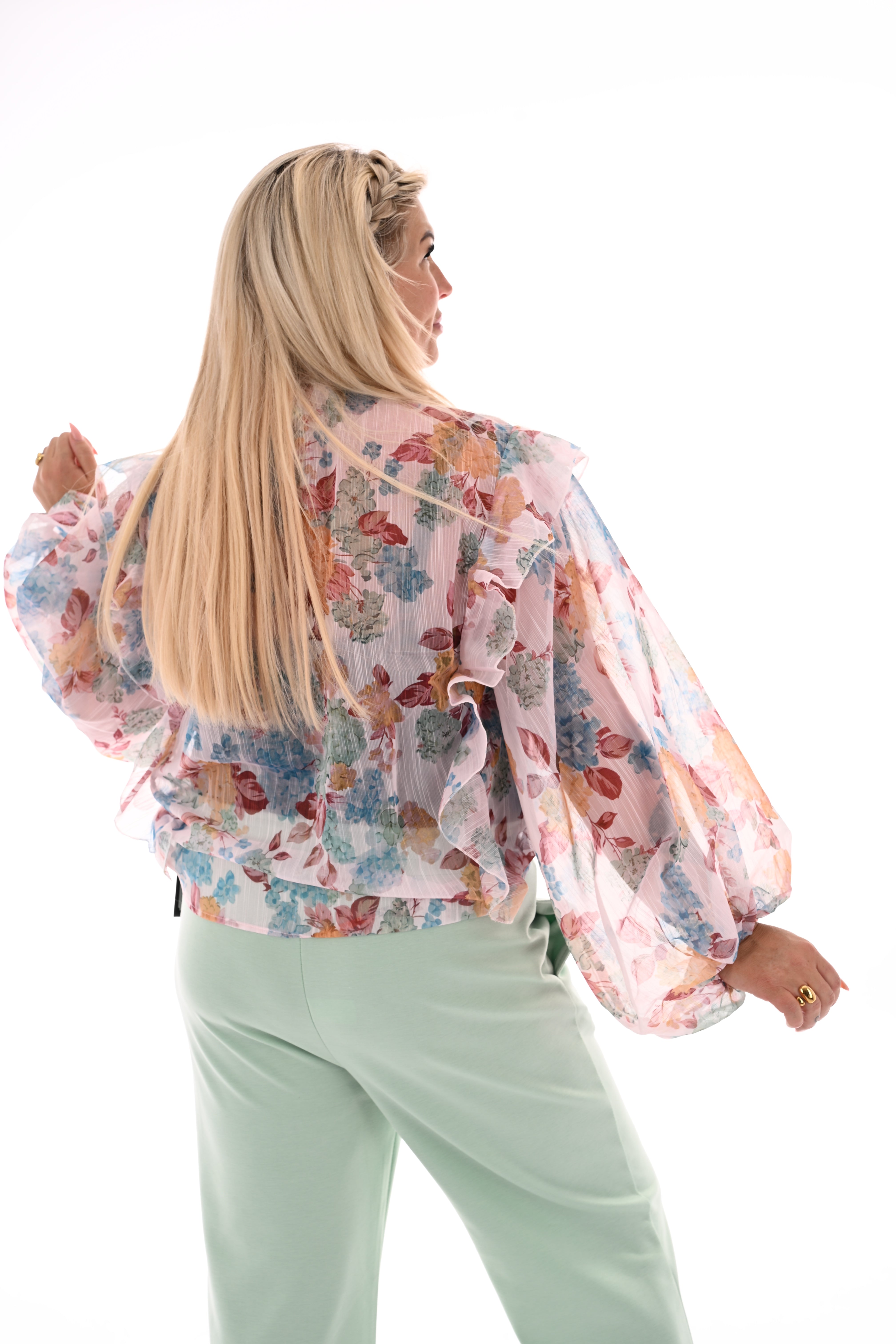 Blouse bloemen met strik lichtroze