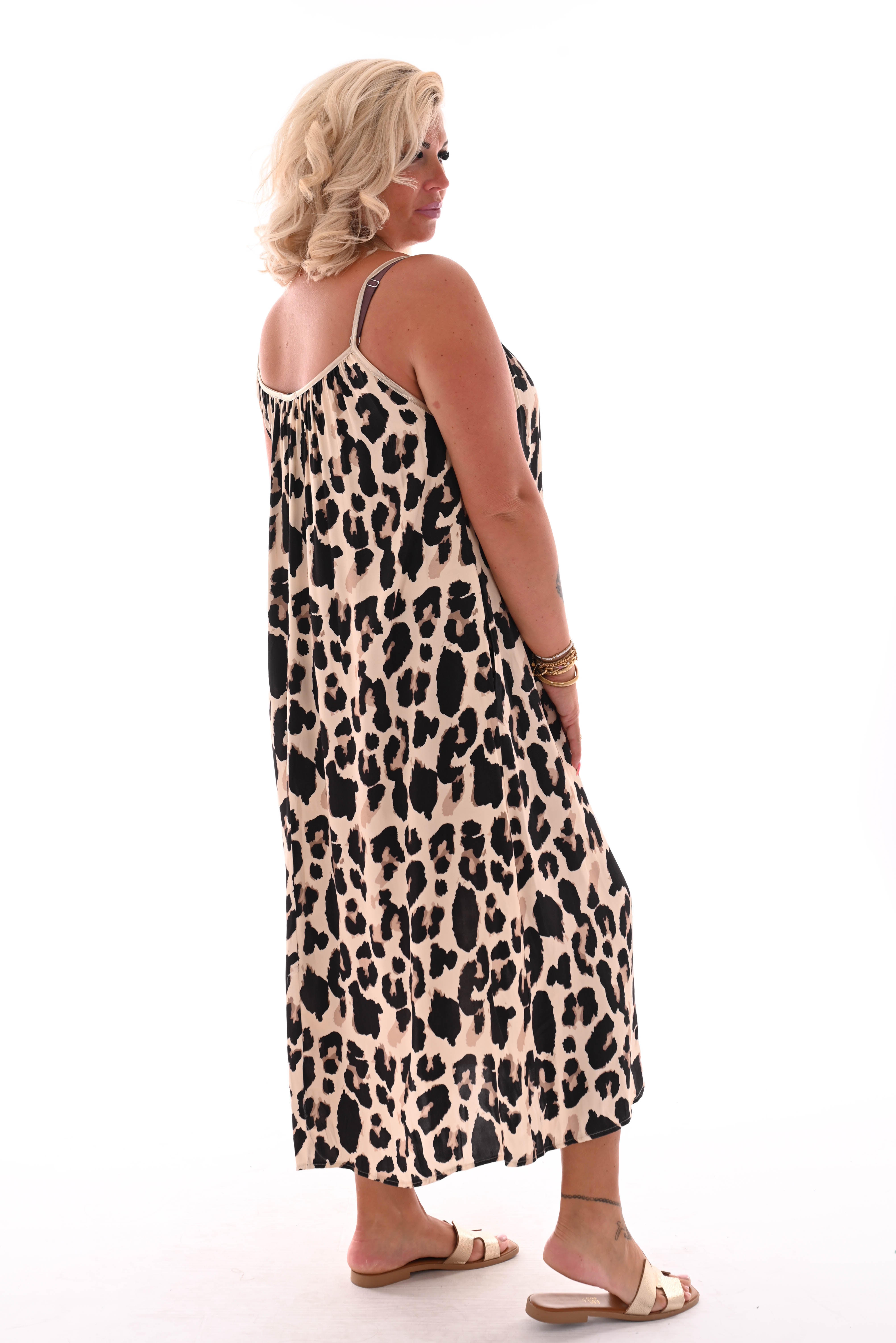 Silky jurkje spaghetti bandjes panter beige