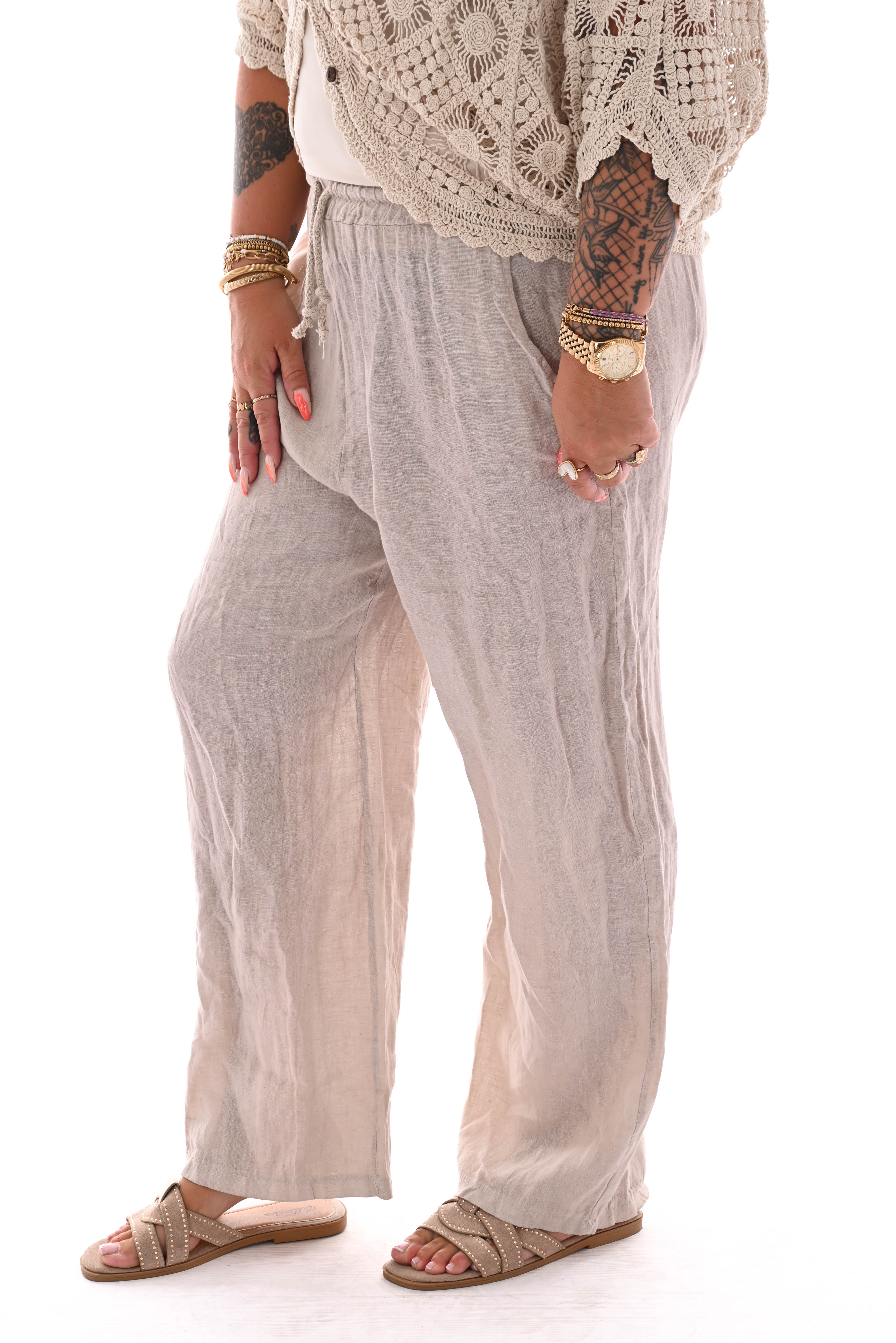 Linnenlook wijde broek aantrekkoord beige