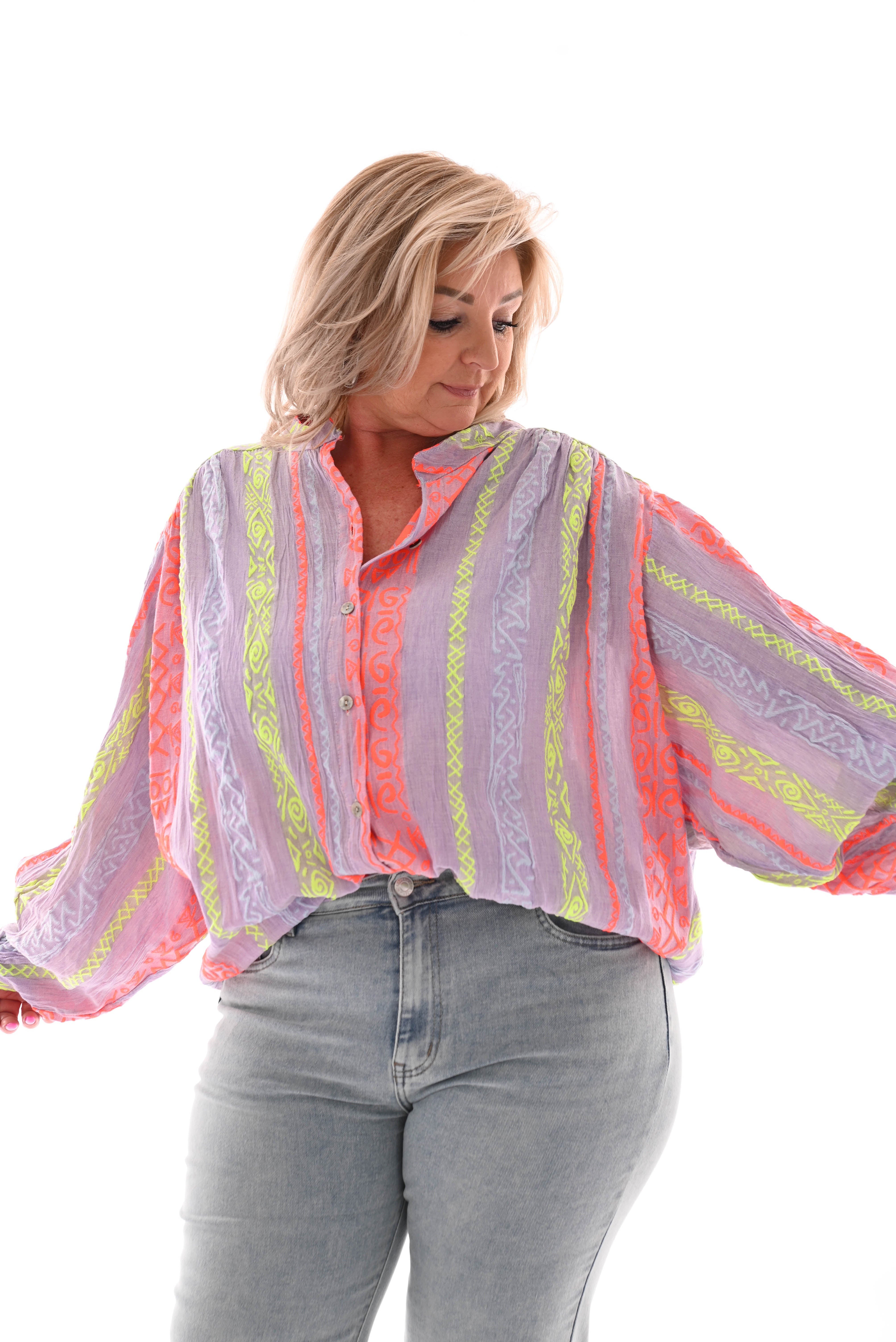 Doorknoop blouse aztec lila/felgroen