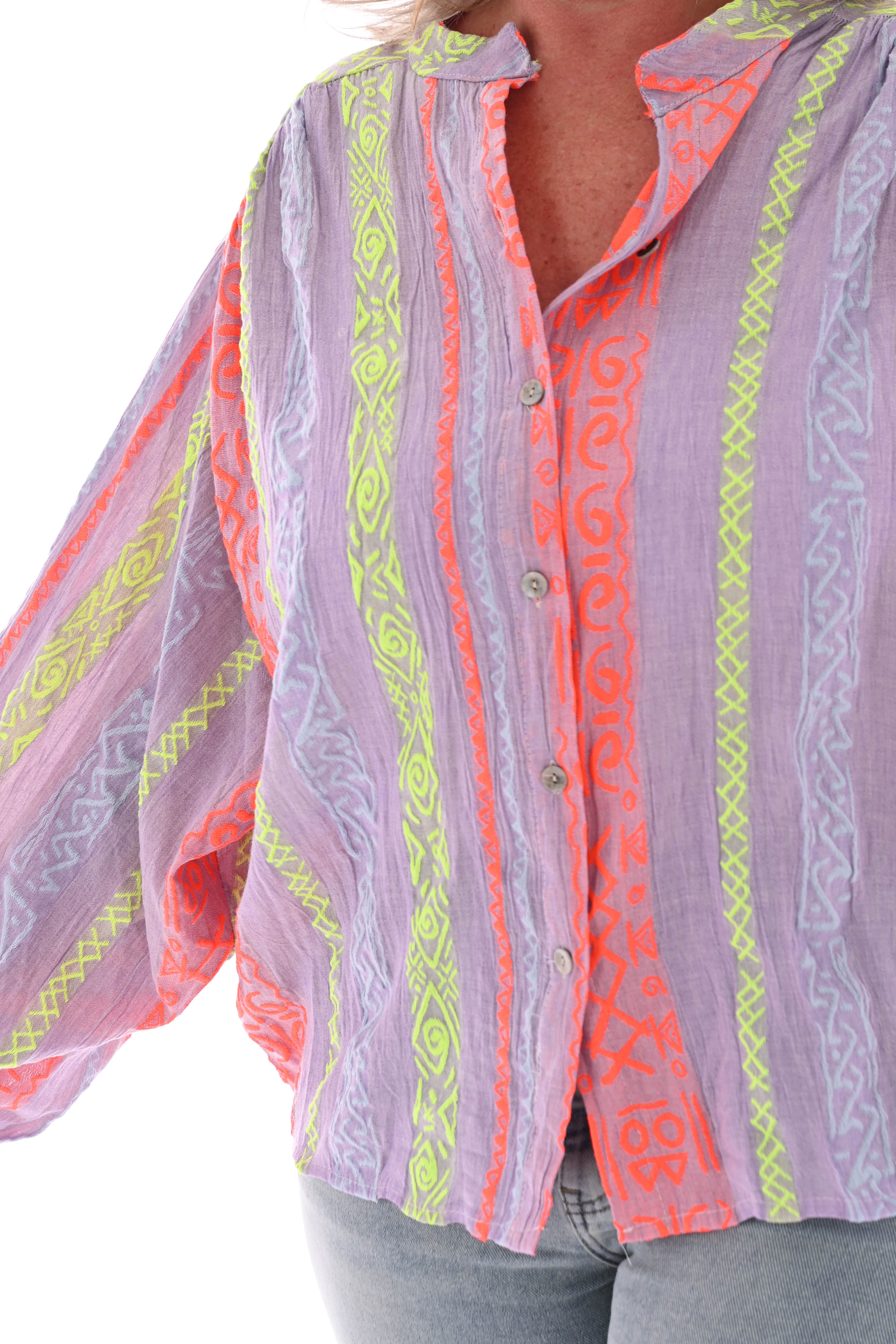 Doorknoop blouse aztec lila/felgroen