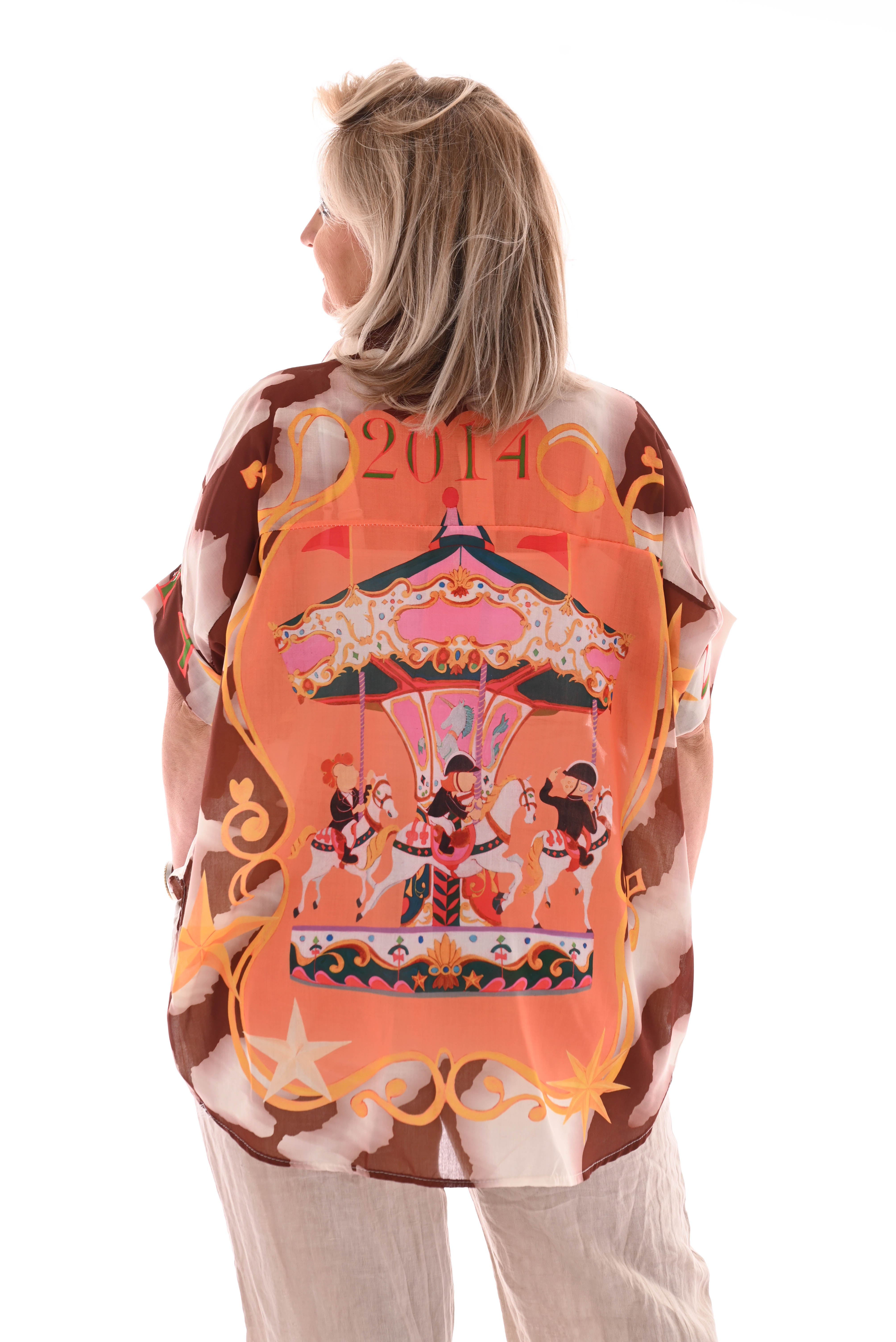 Doorknoop blouse draaimolen bruin/wit