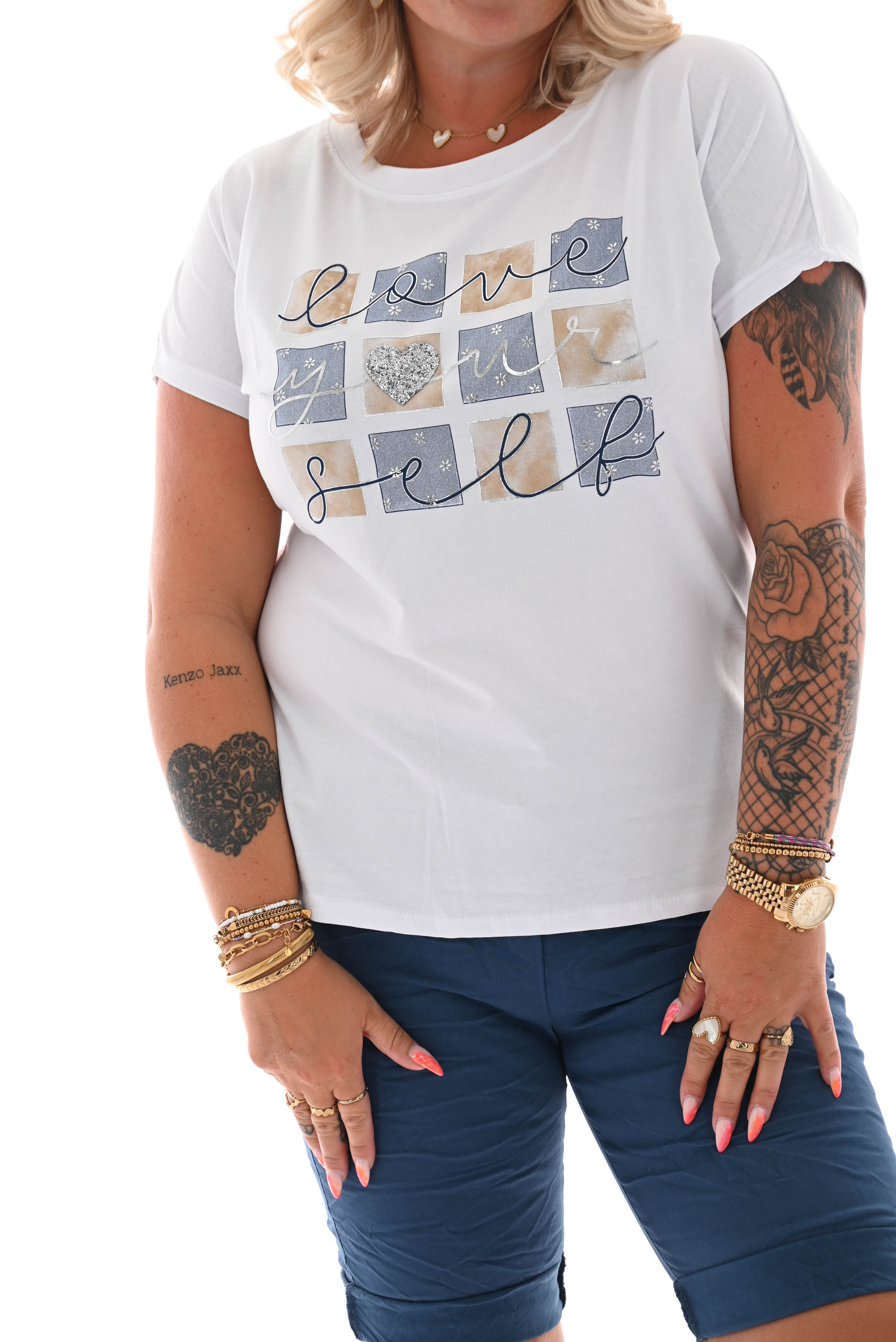 T-shirt love yourself wit/jeansblauw