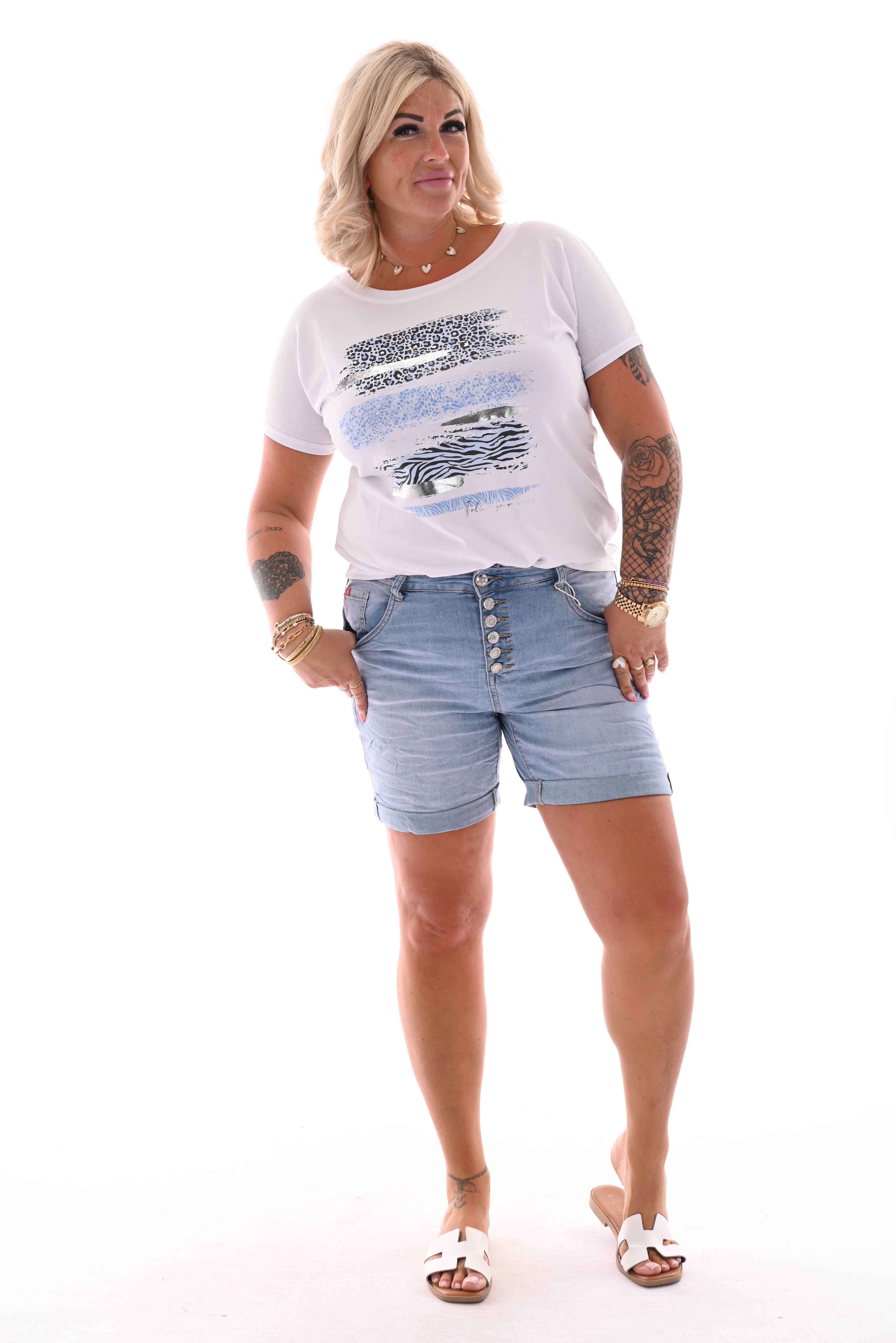 T-shirt dierenprint vegen wit/lichtblauw