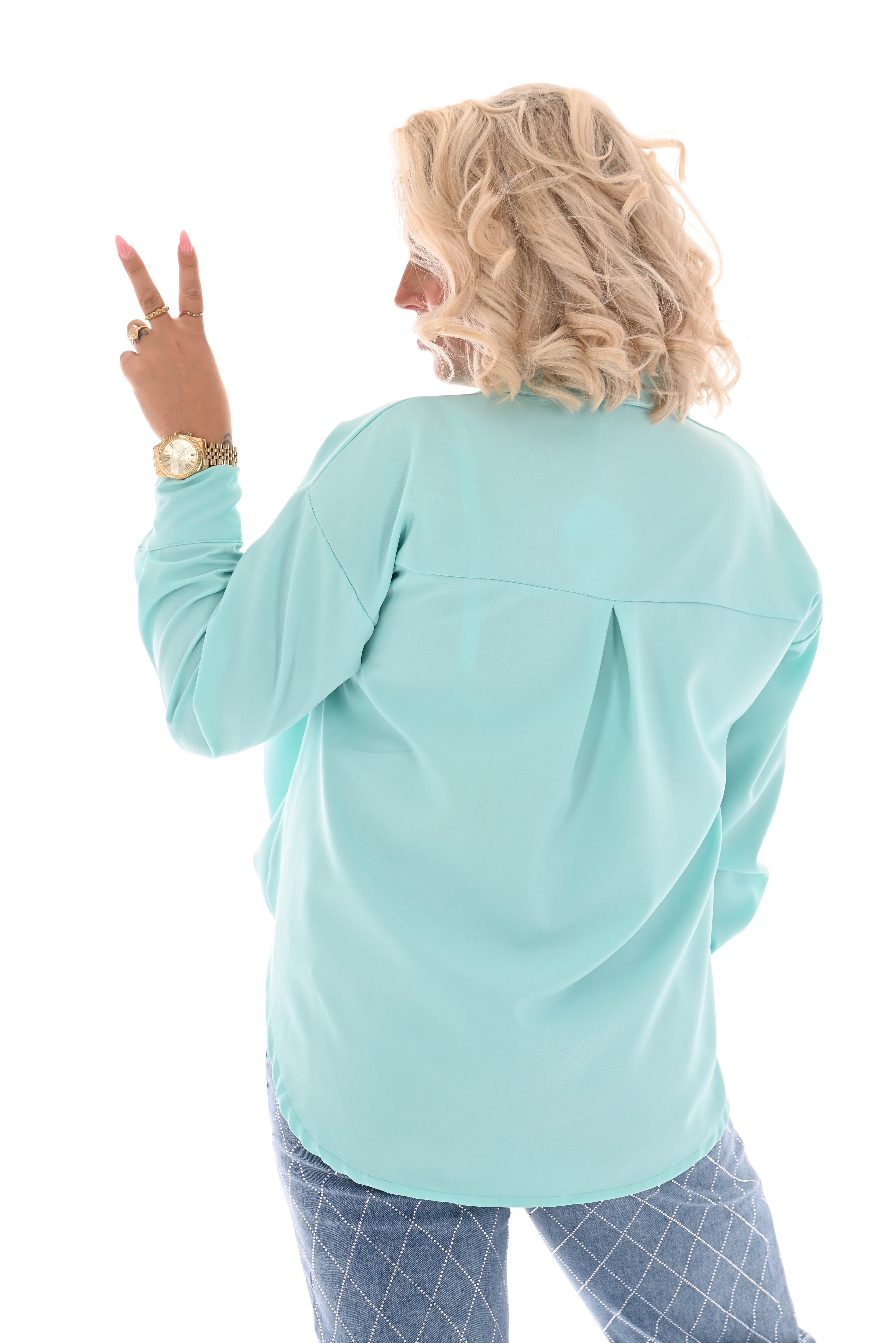 Doorknoop blouse met borstzak uni turquoise