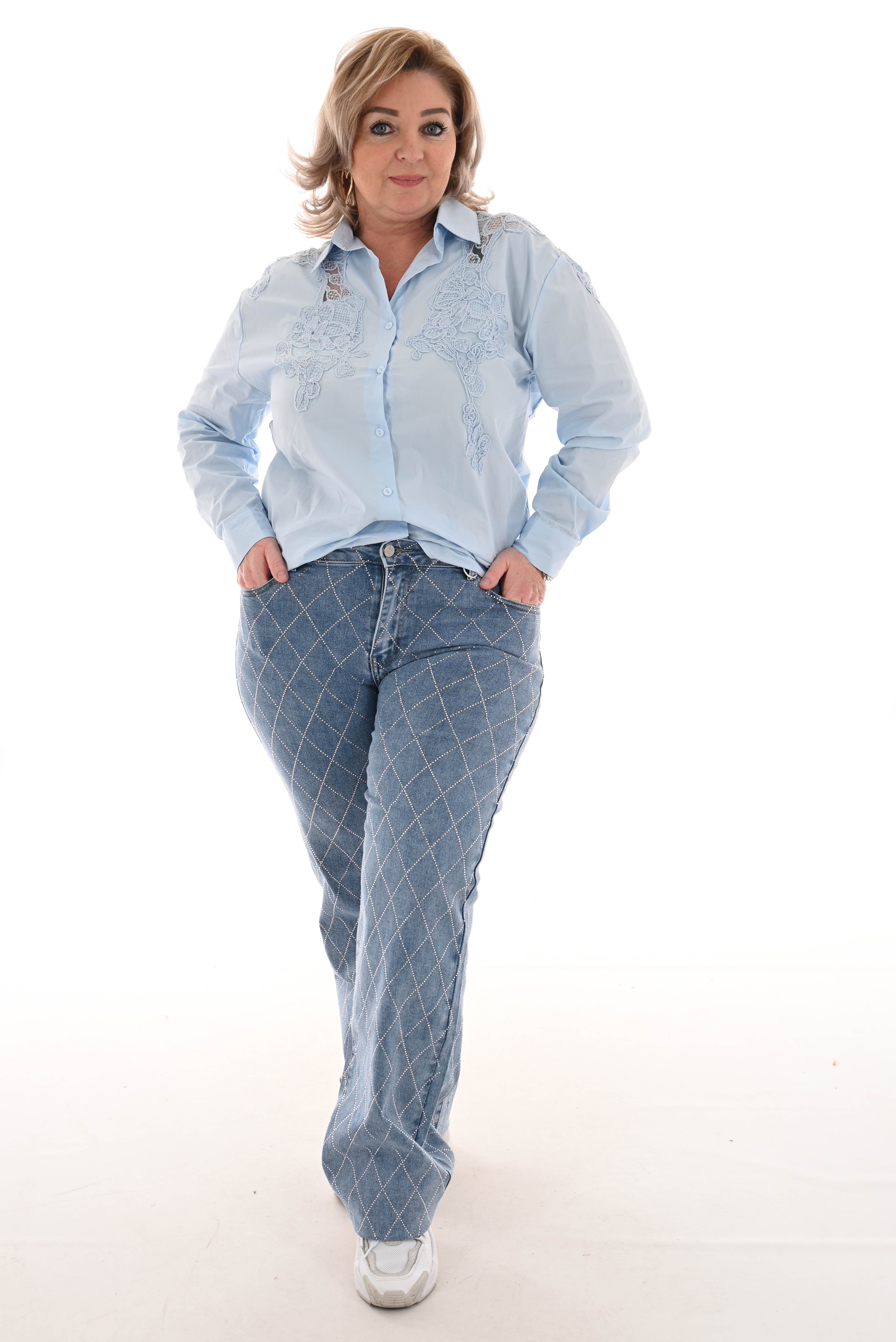 Hello Miss wide leg strass geruit blauw