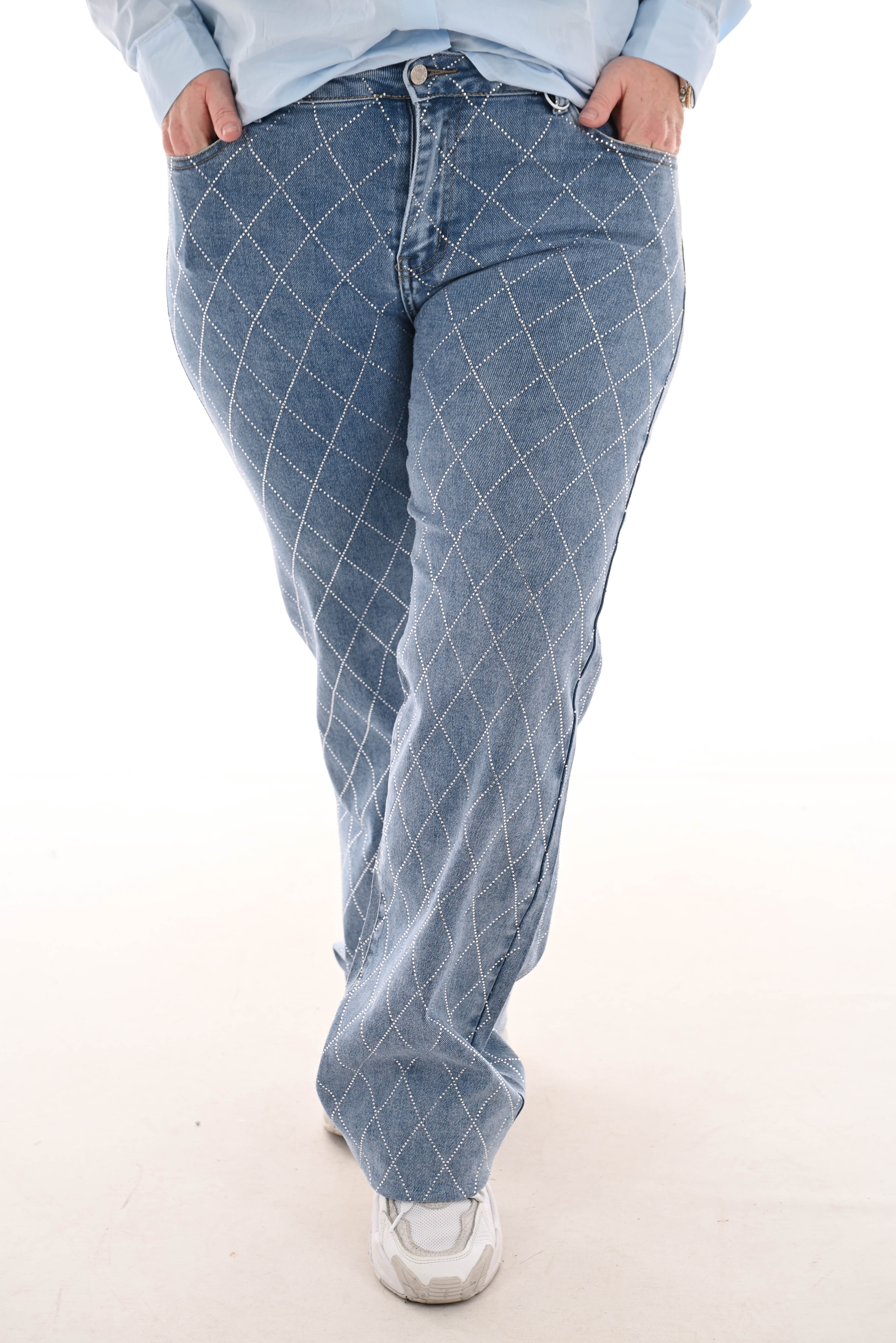 Hello Miss wide leg strass geruit blauw