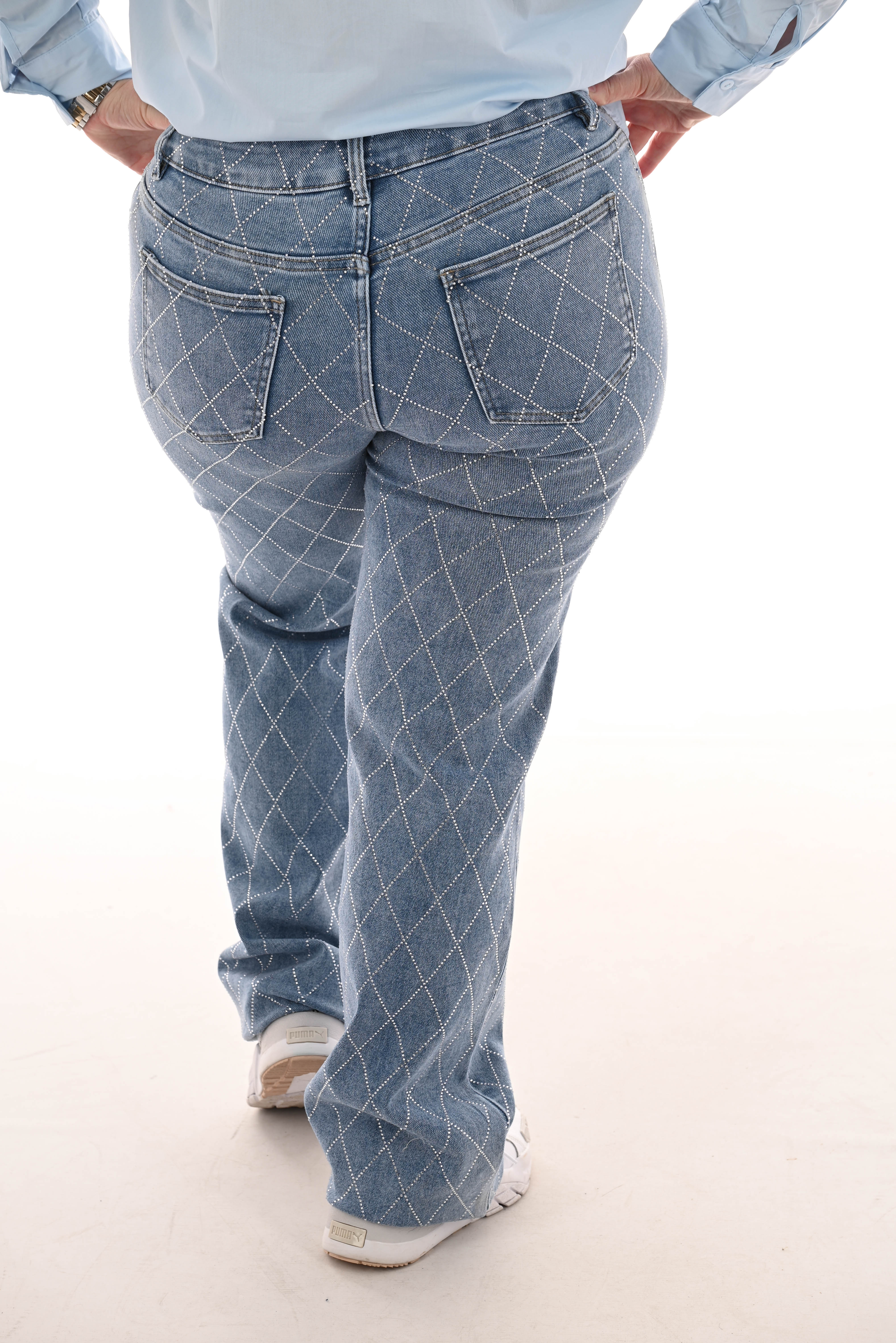 Hello Miss wide leg strass geruit blauw