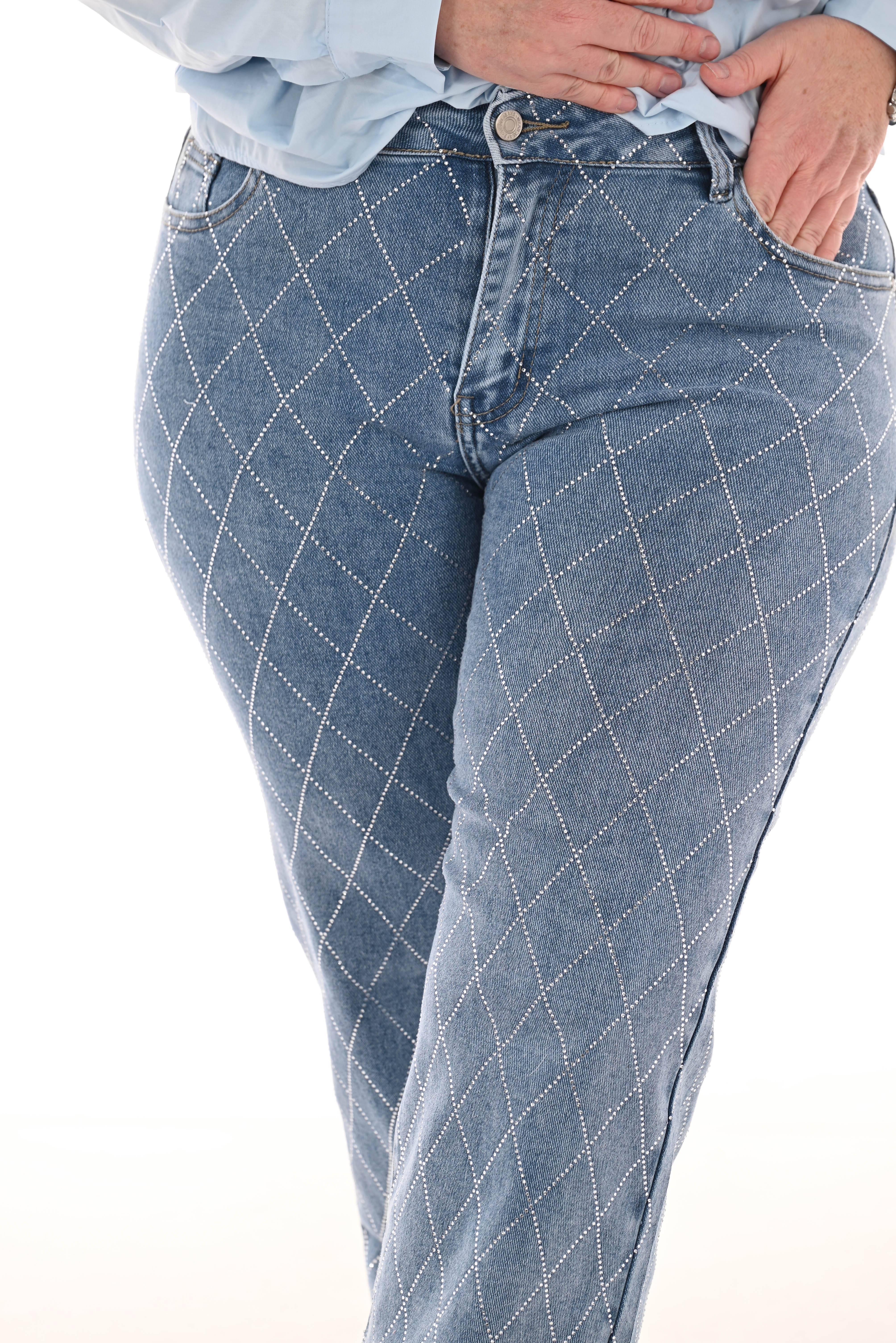 Hello Miss wide leg strass geruit blauw