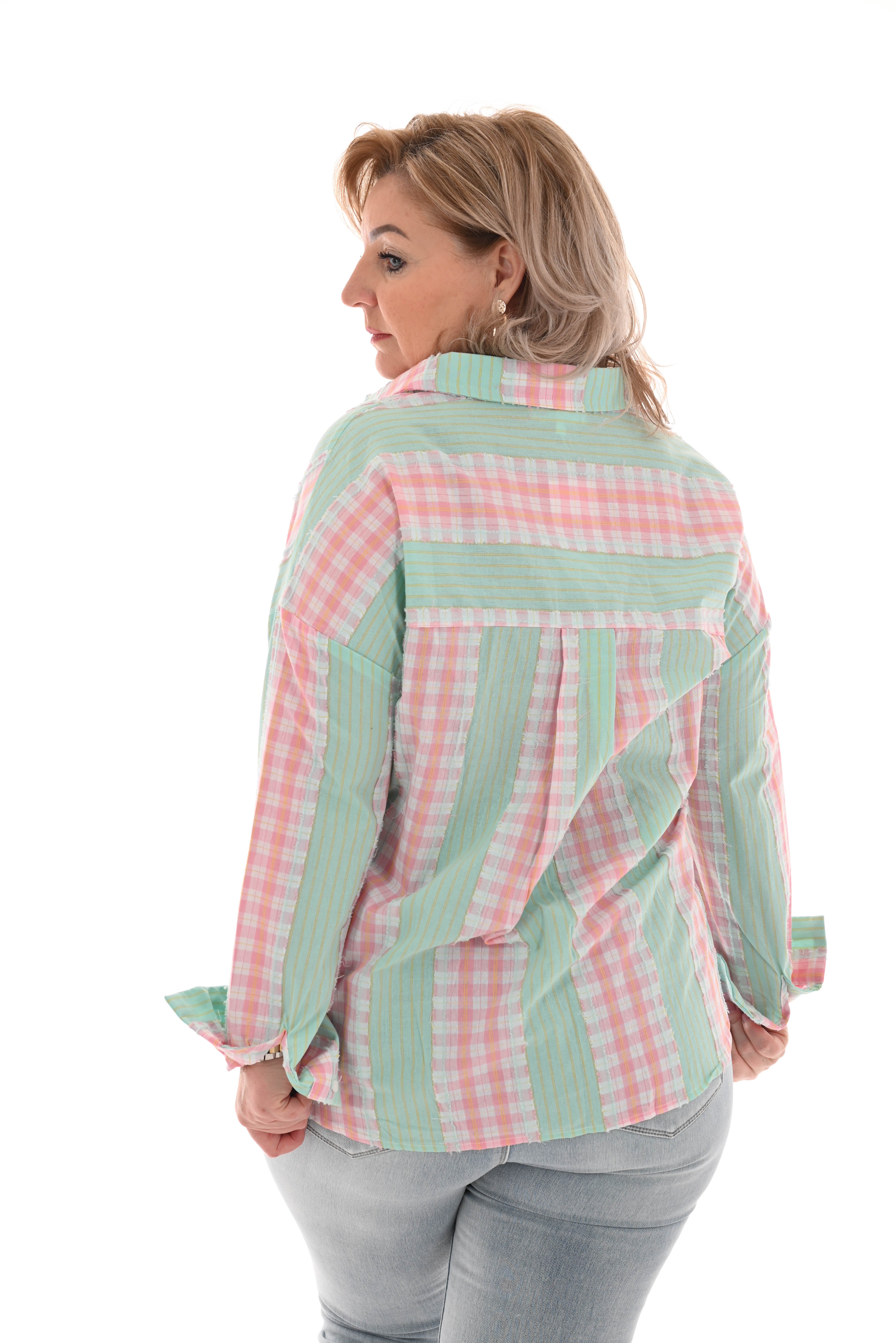 Blouse geblokt turquoise/roze