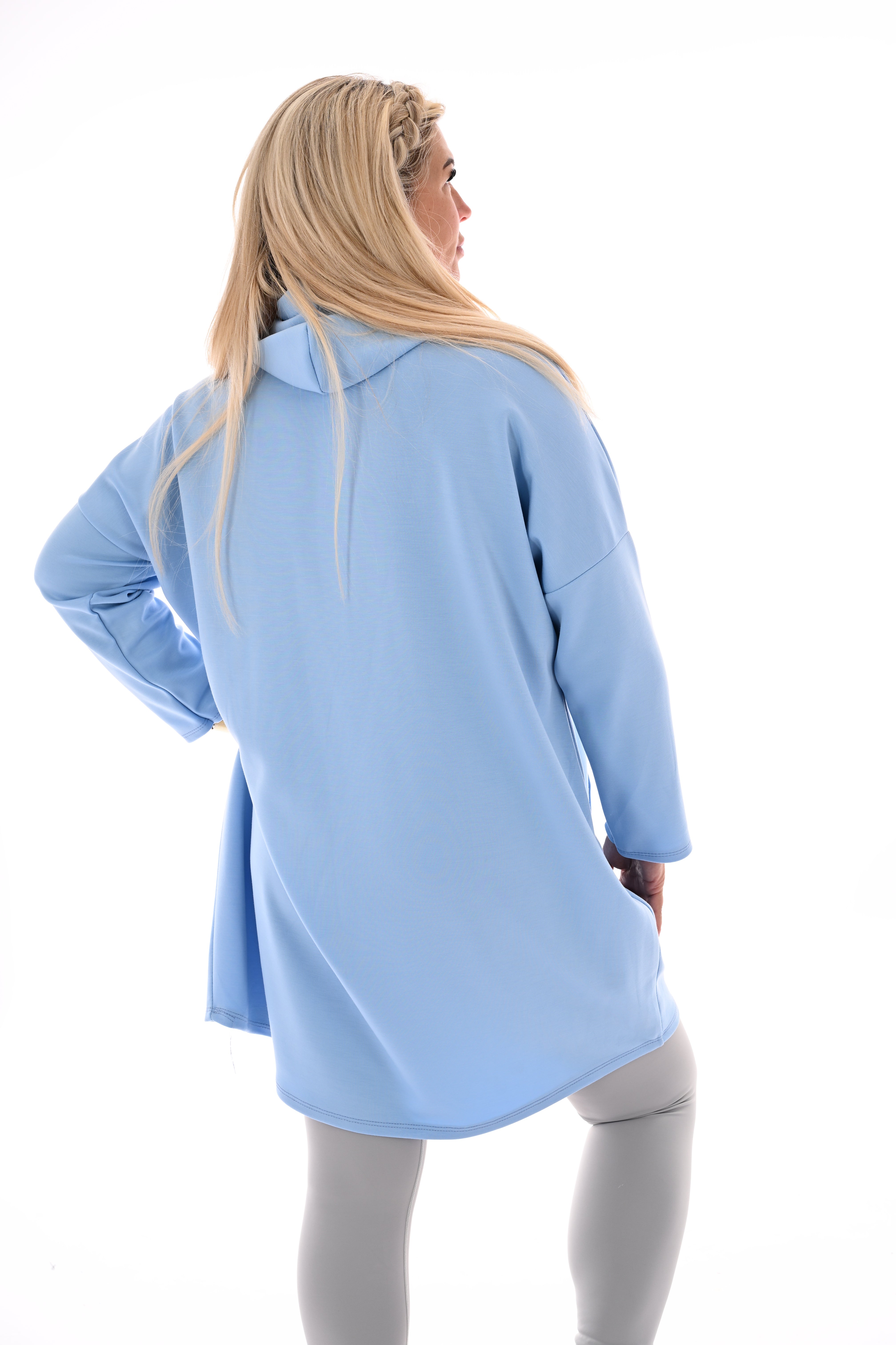 Lange sweater met capuchon lichtblauw