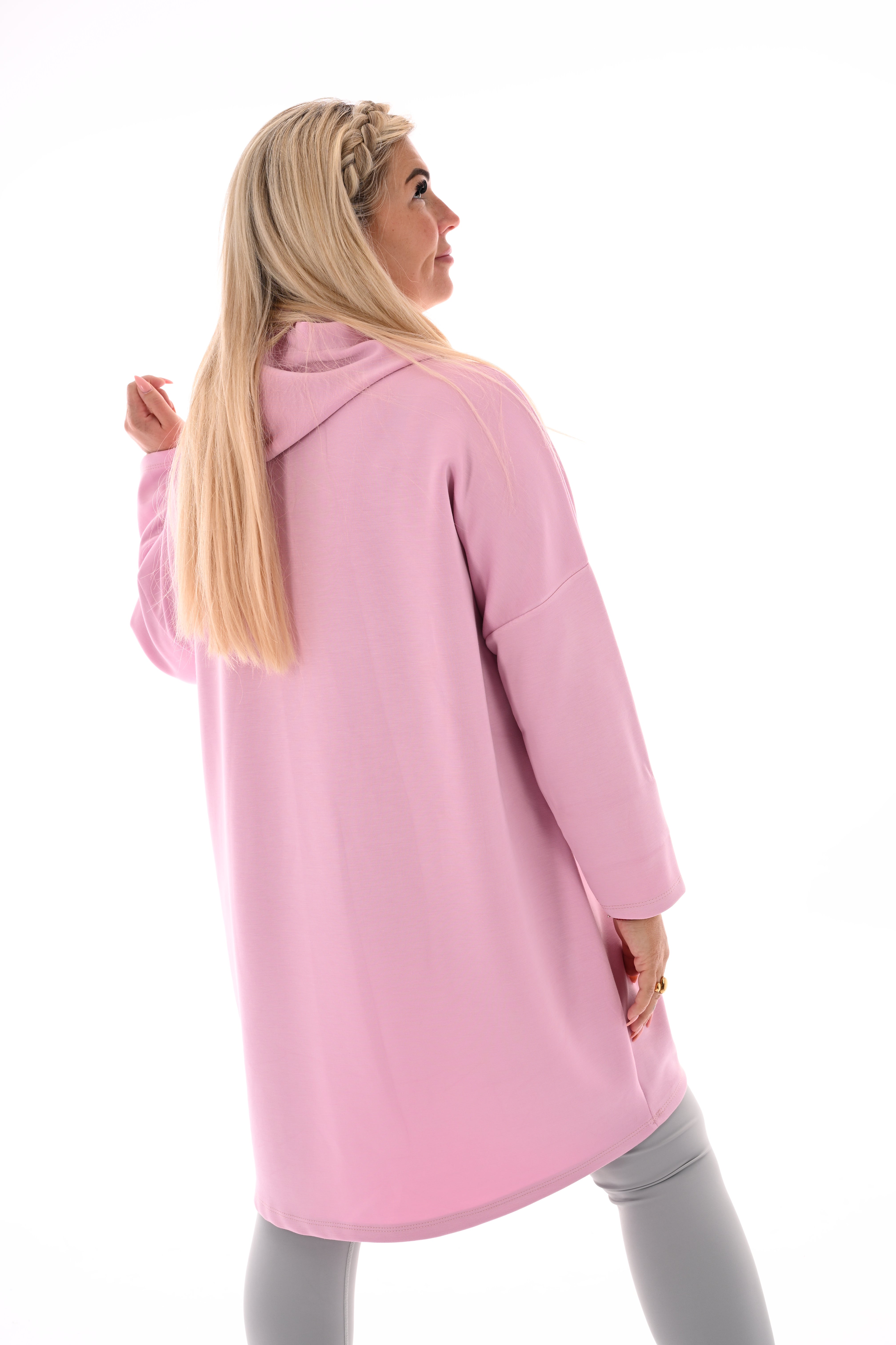 Lange sweater met capuchon lichtroze