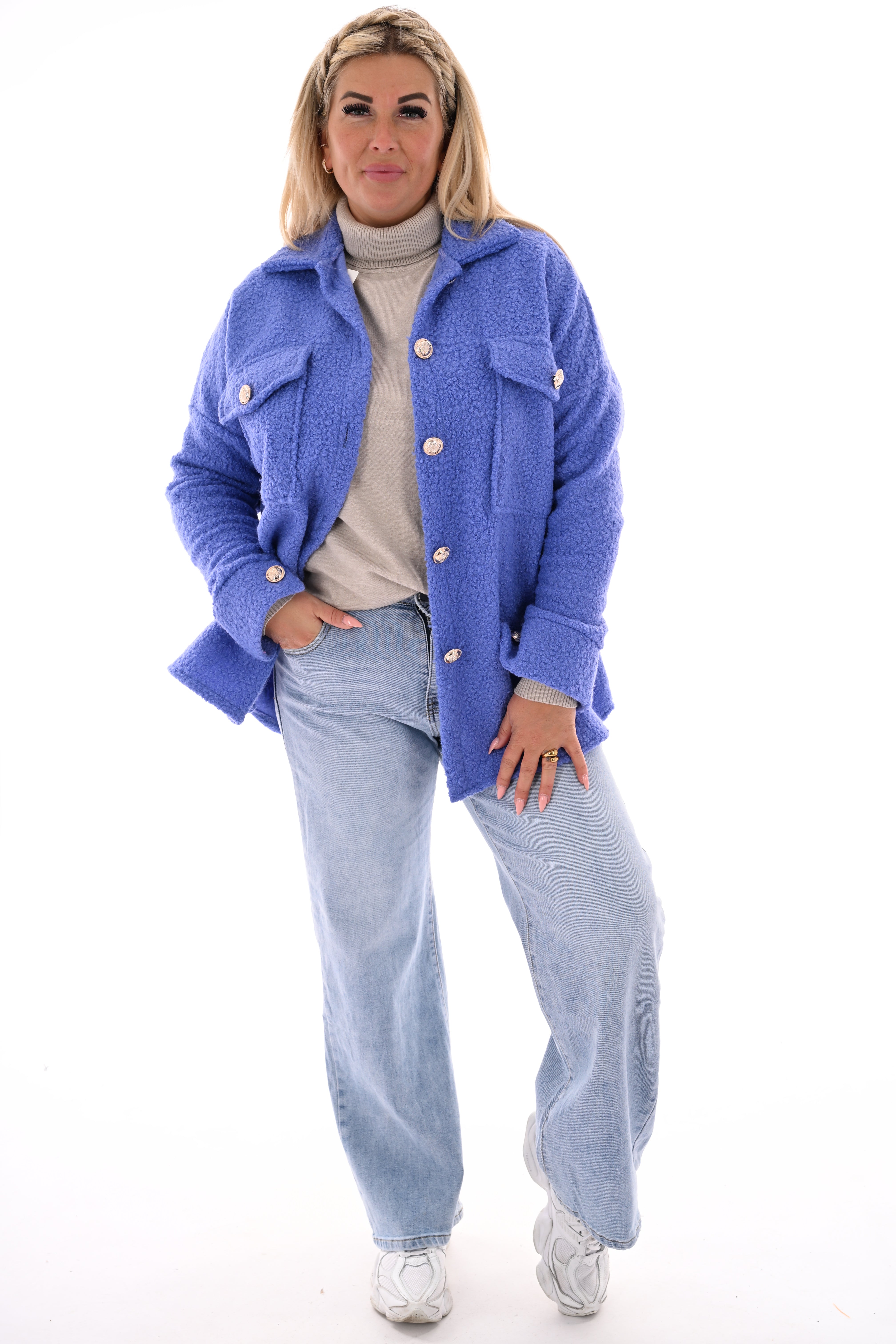 Half lang wavy boucle vest knopen lavendel