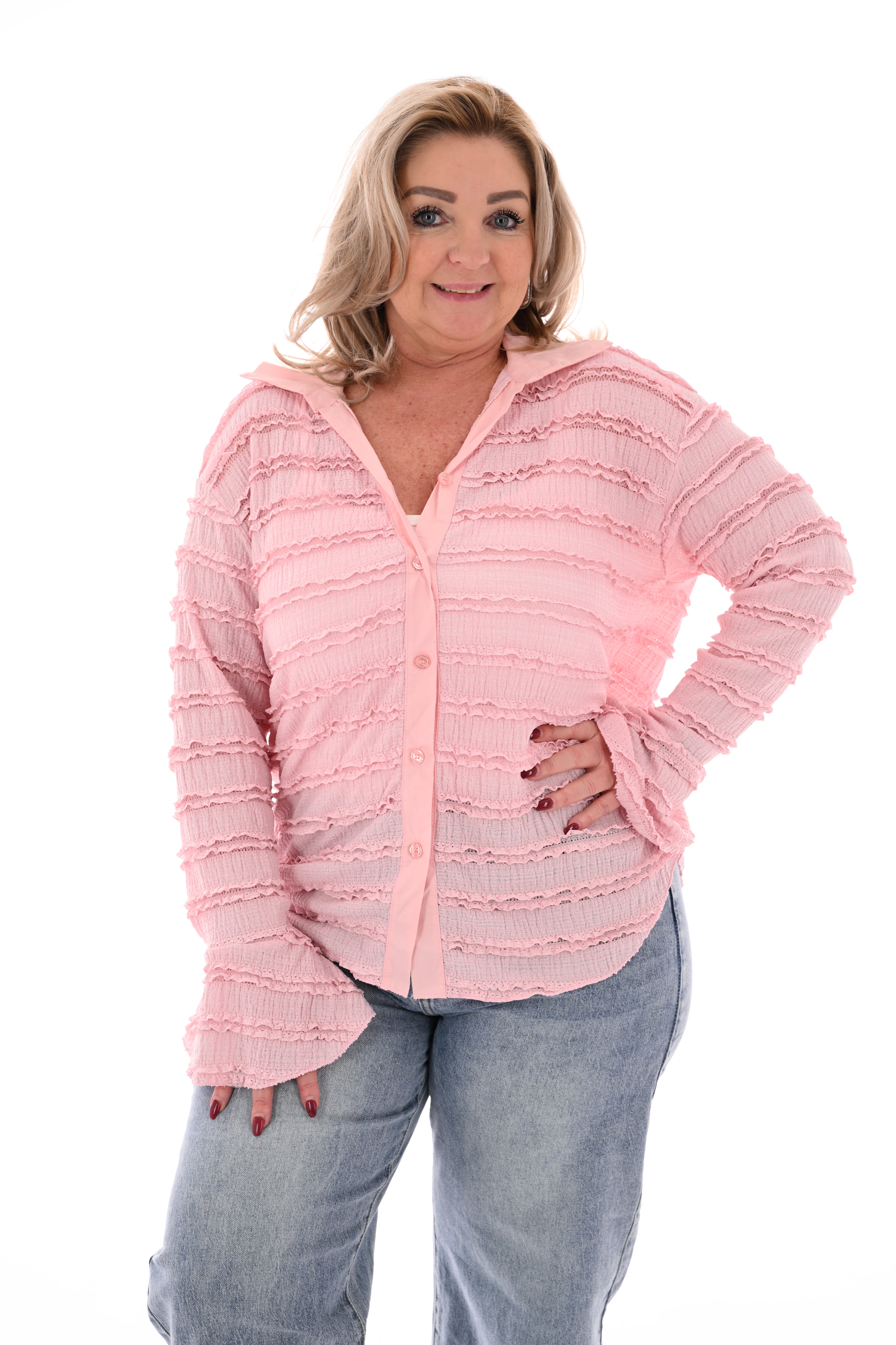 Doorknoop blouse ruffels en kraag lichtroze