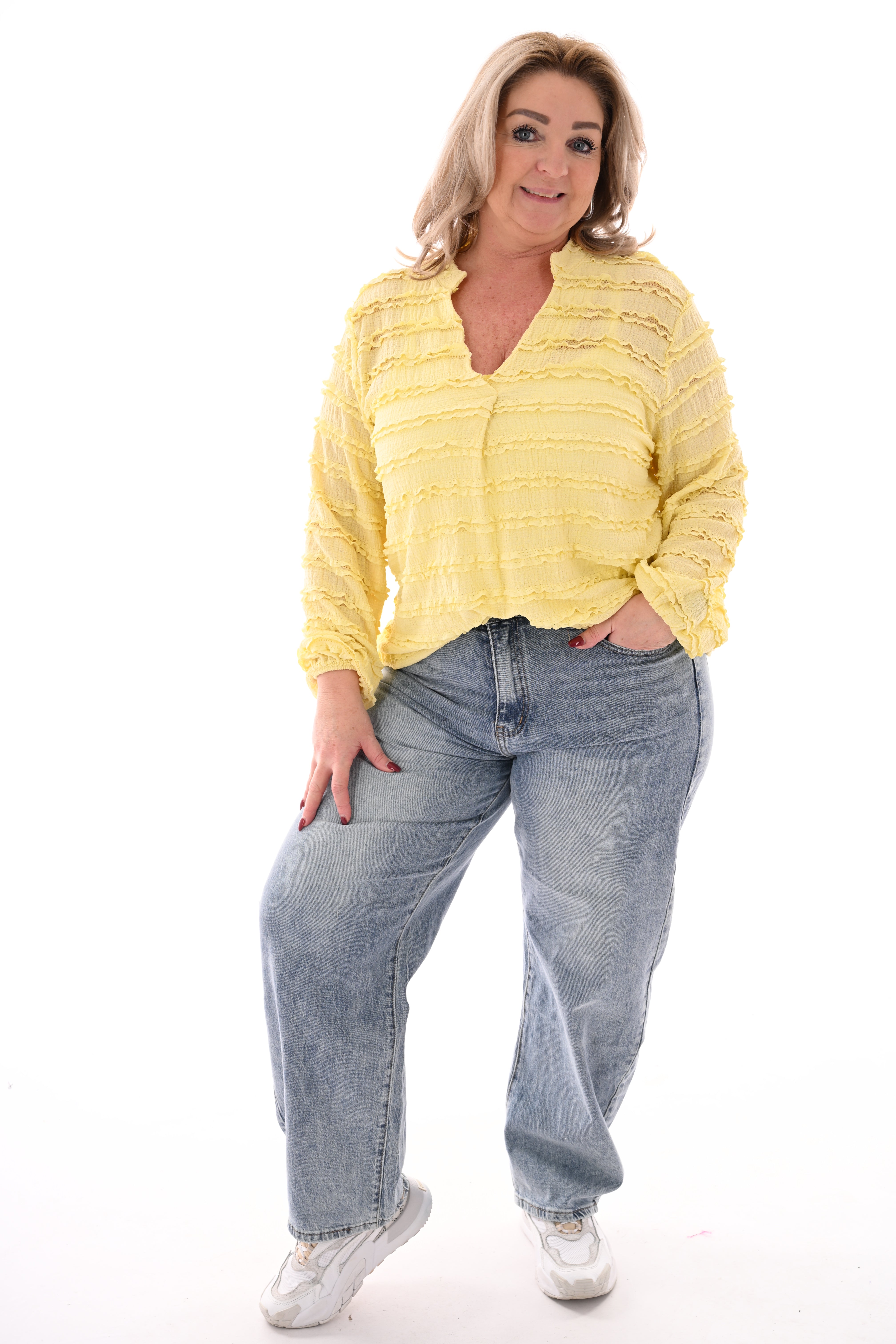 Top lange mouwen v-hals ruffels lichtgeel