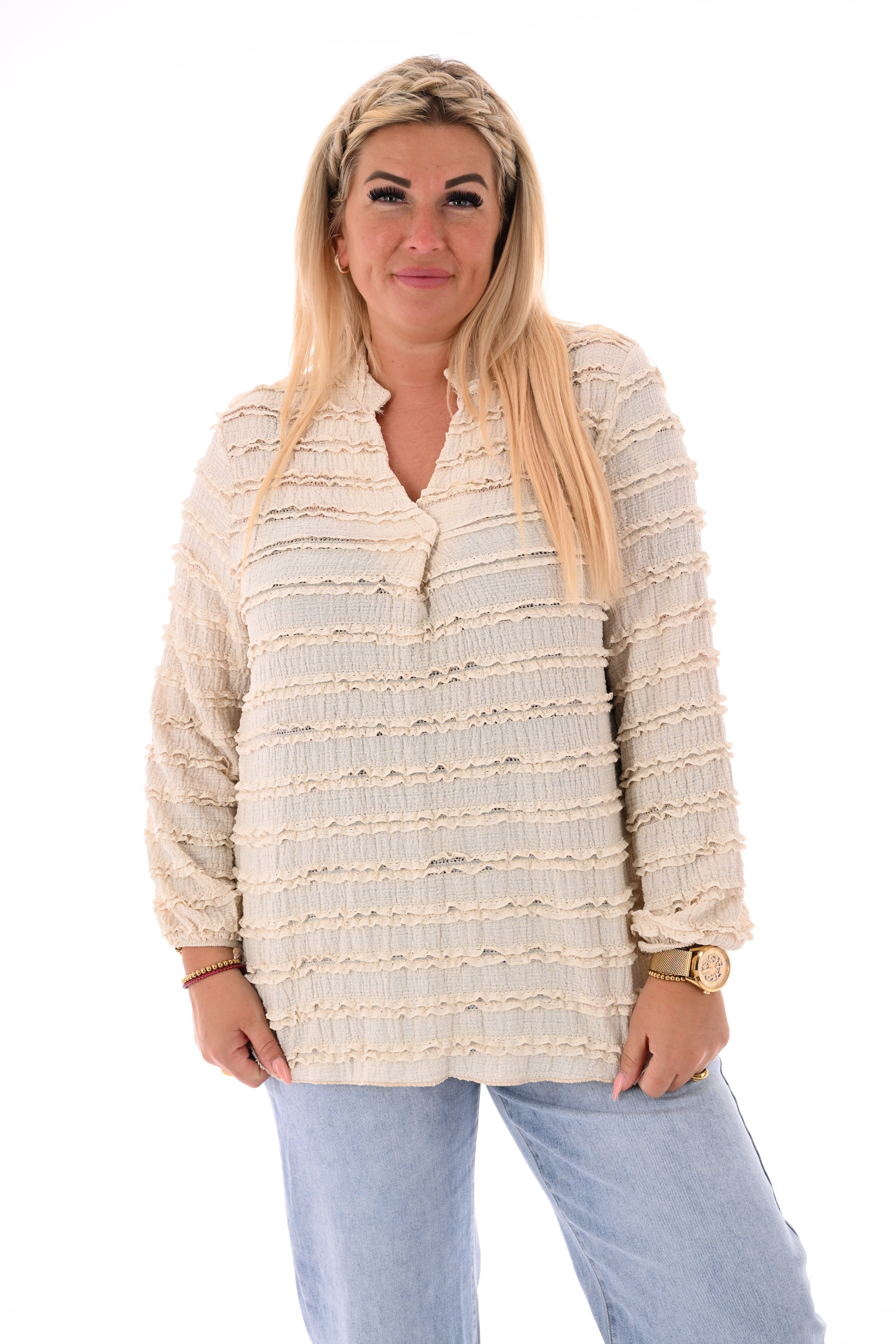 Top lange mouwen v-hals ruffels beige
