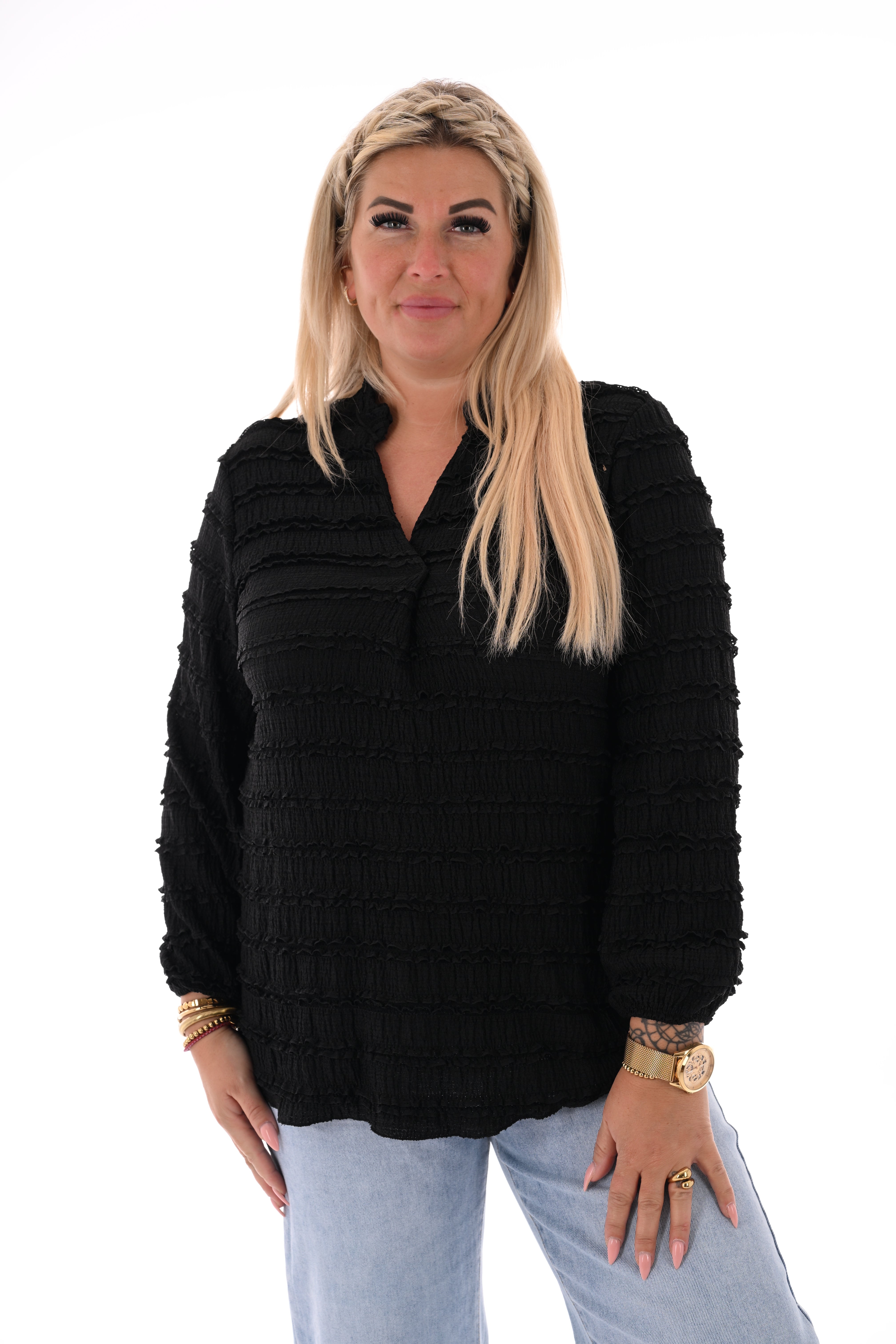 Top lange mouwen v-hals ruffels zwart