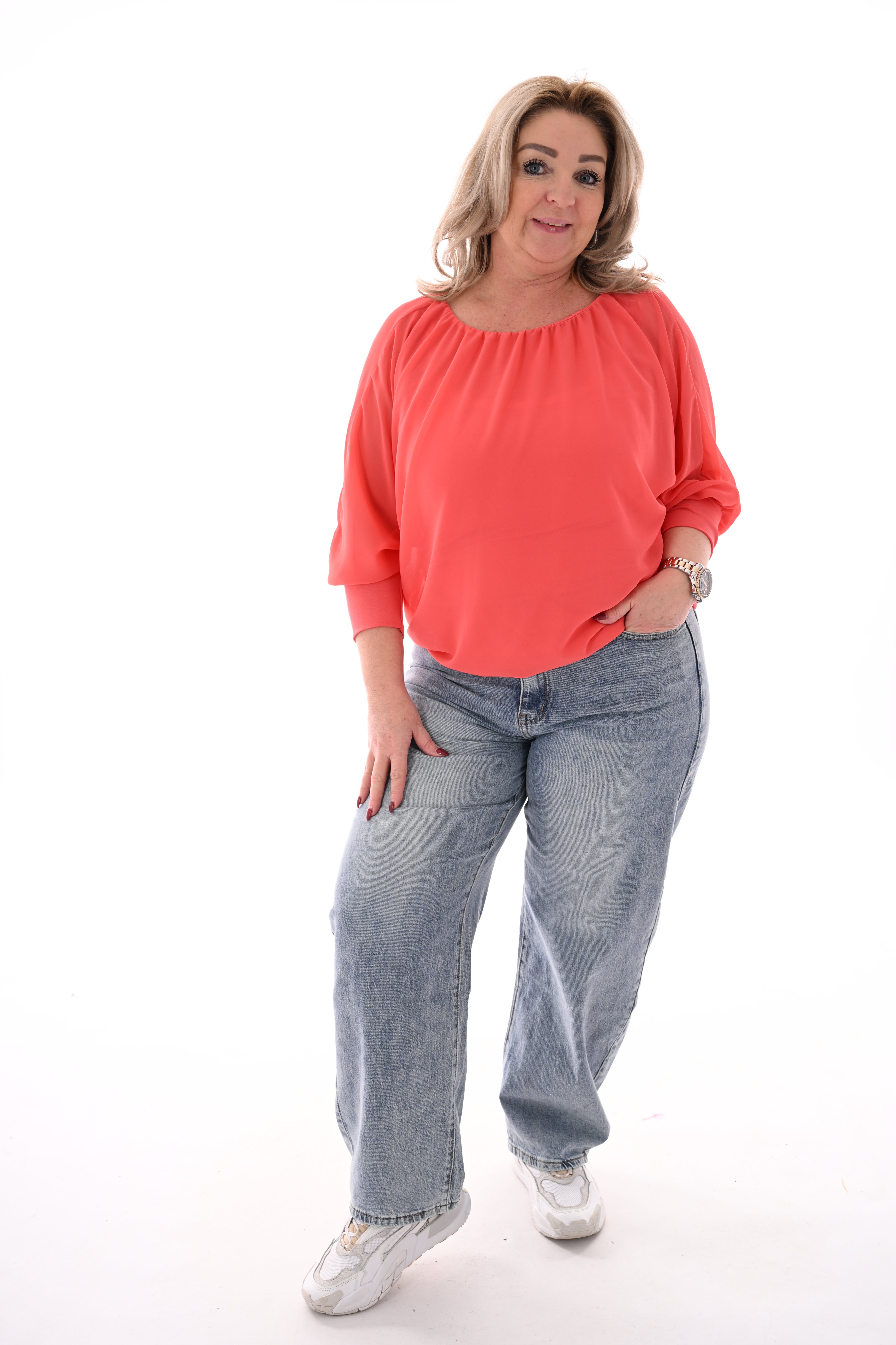 Ballon top lange mouwen uni koraal