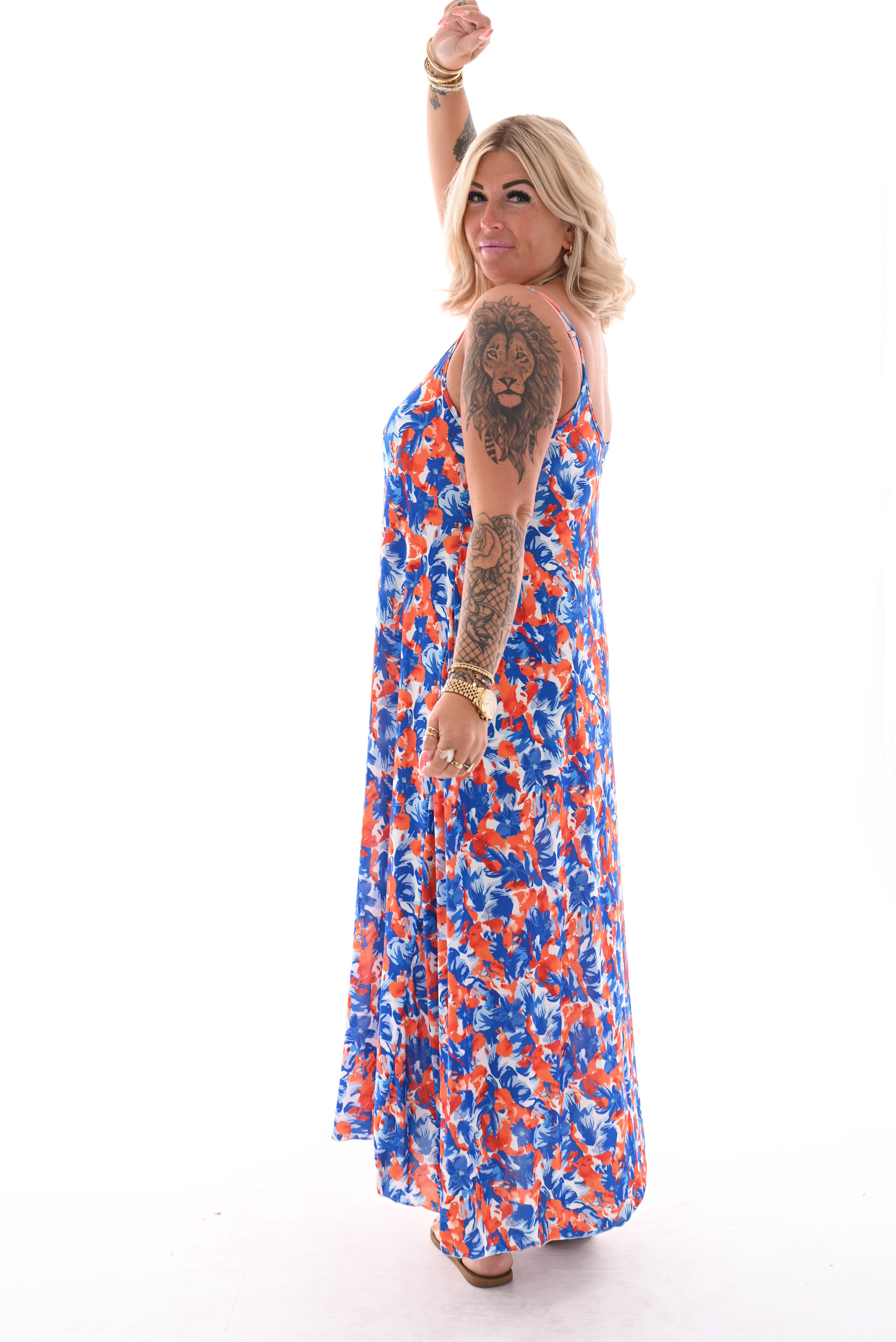 Jurk spaghetti bandjes lang bloemen kobalt blauw/oranje