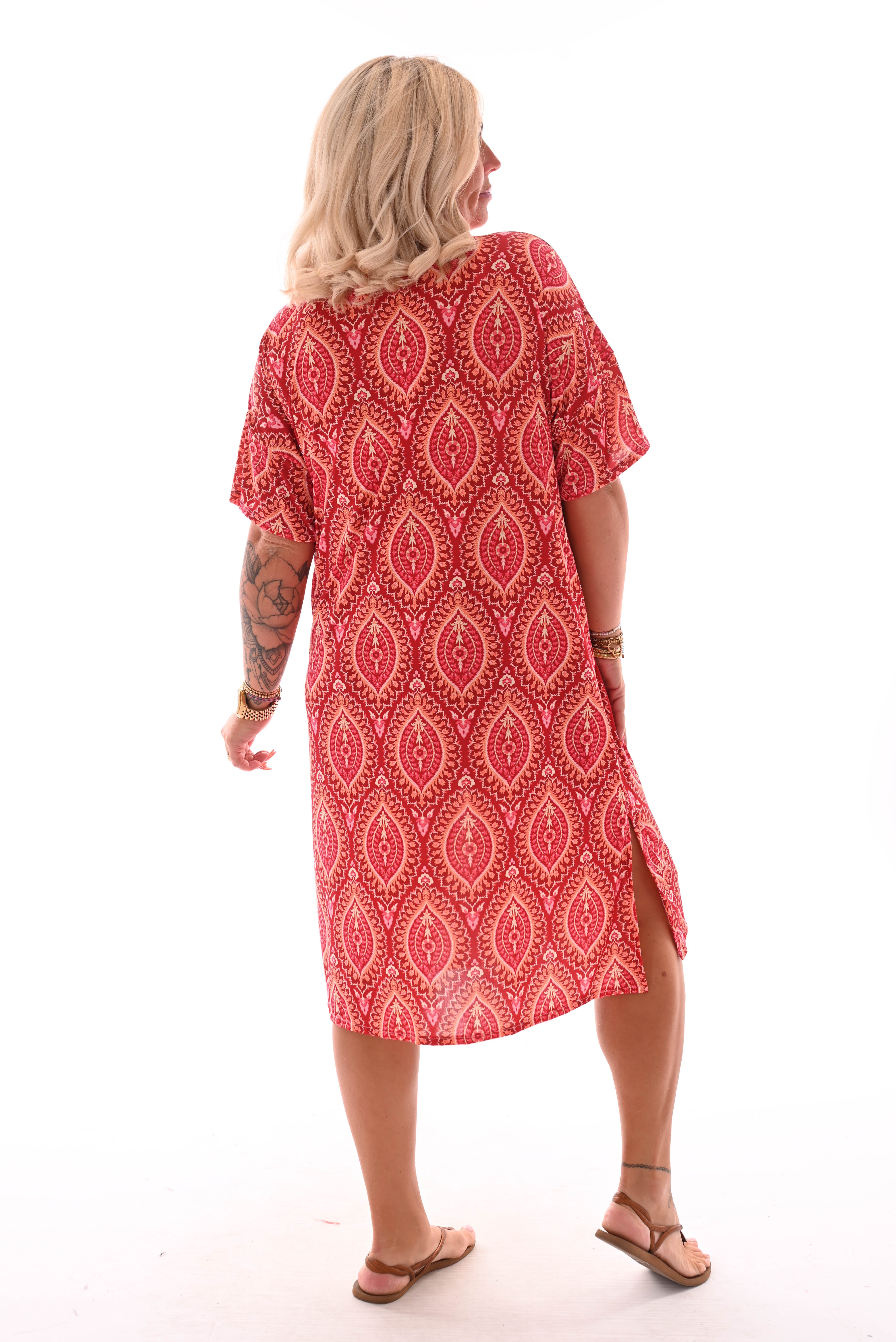 Jurk v-hals bloemen doorknoop paisley brick