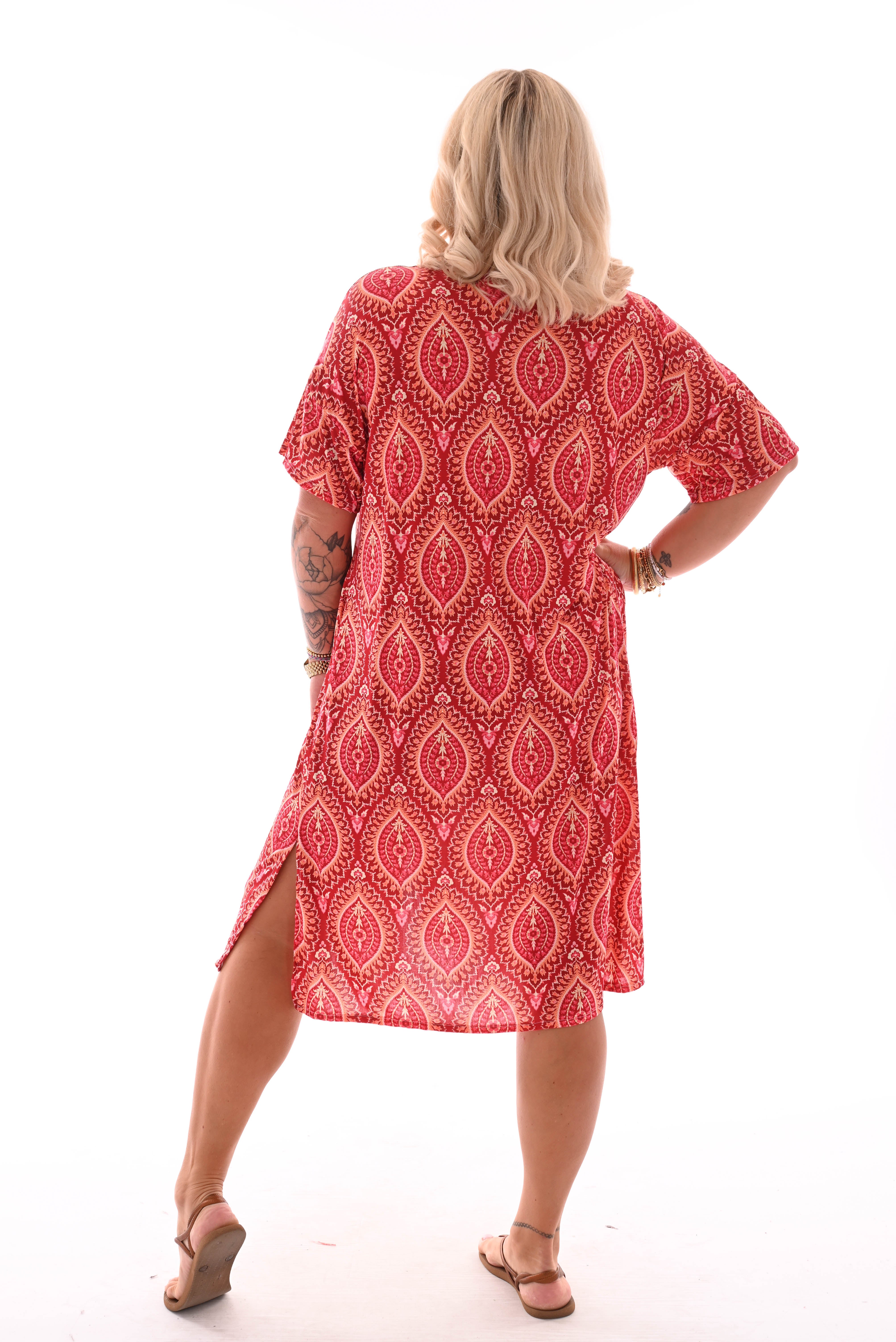 Jurk v-hals bloemen doorknoop paisley brick