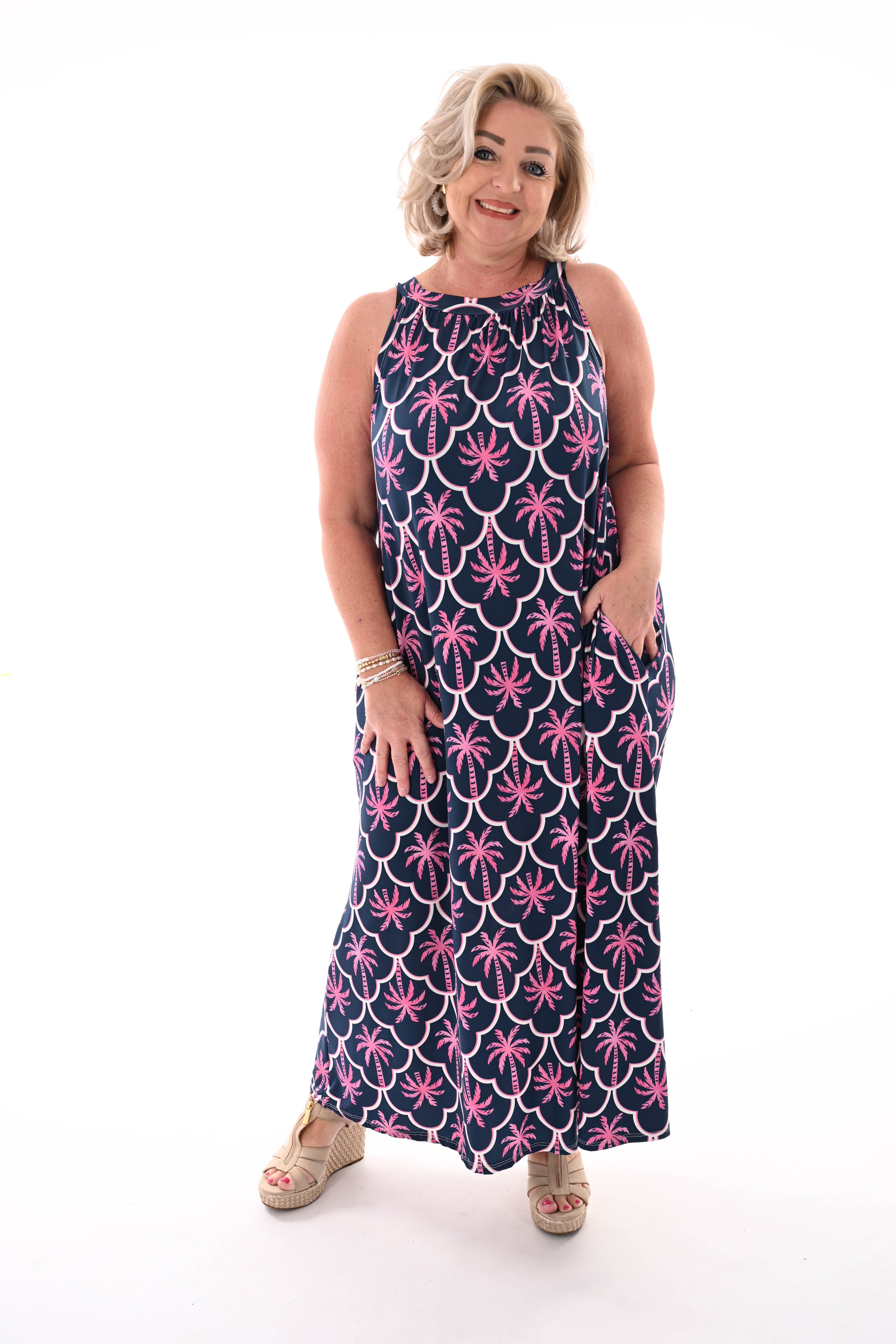 Lange jurk met palmbomen marineblauw