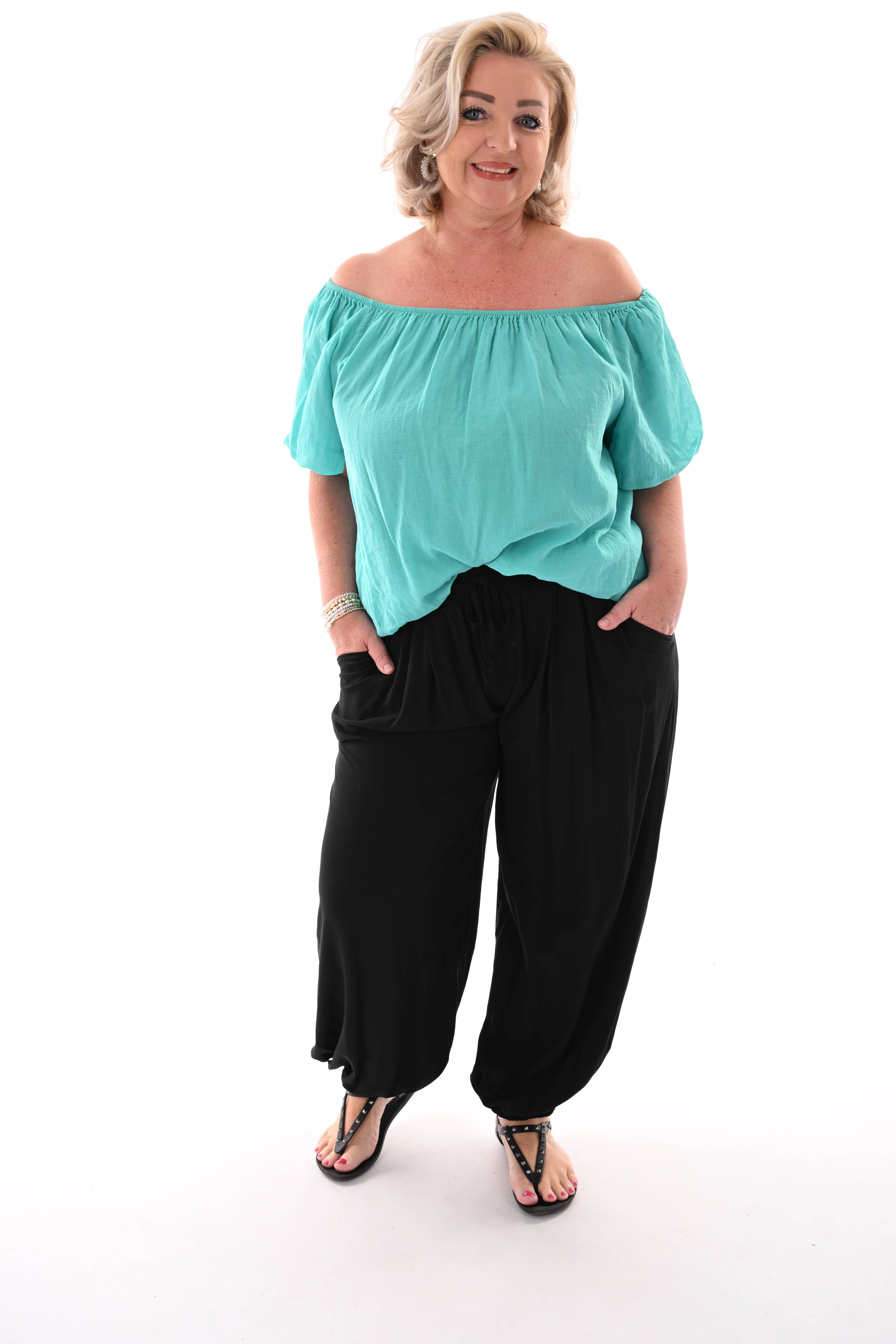 Top korte pofmouwen turquoise