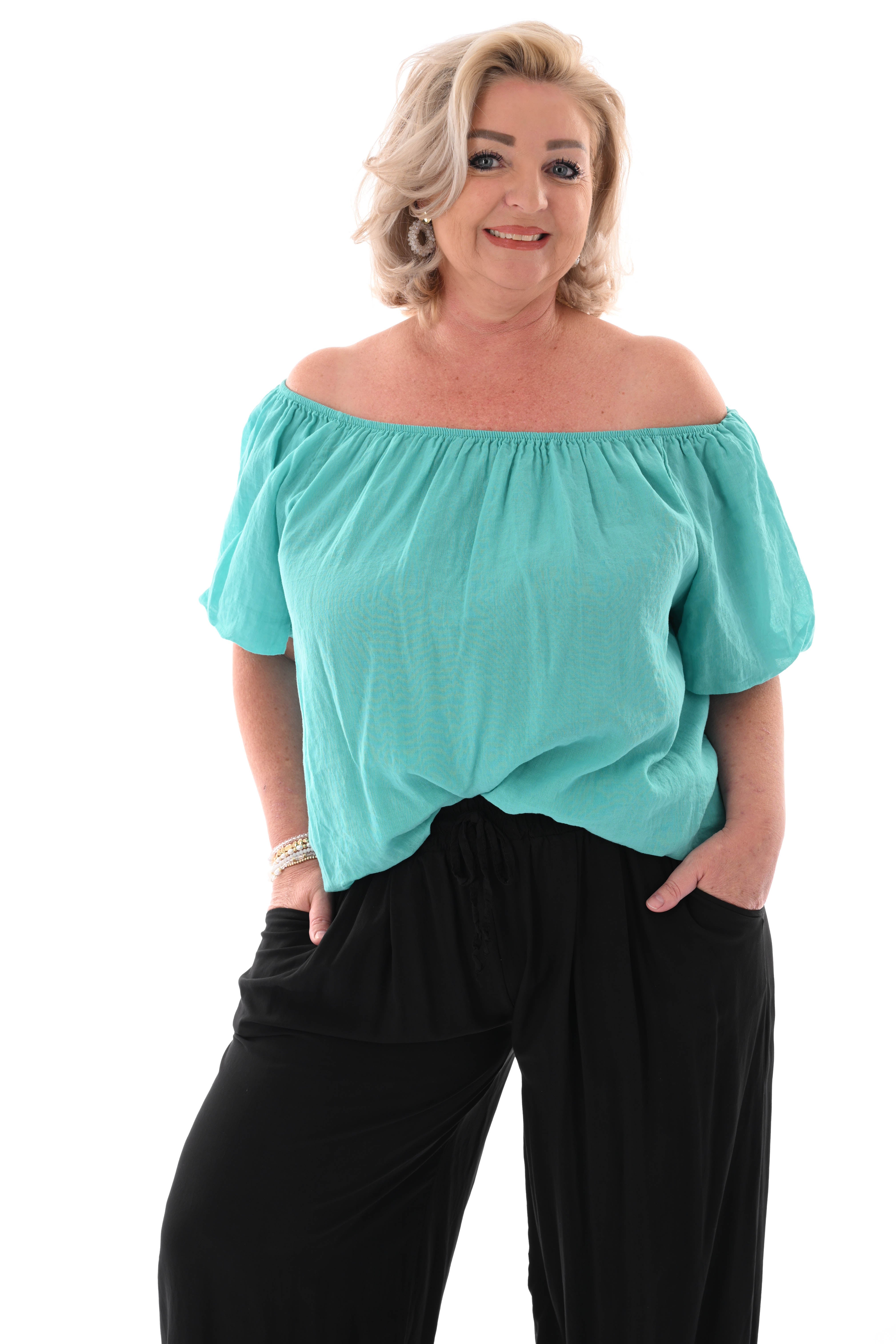 Top korte pofmouwen turquoise