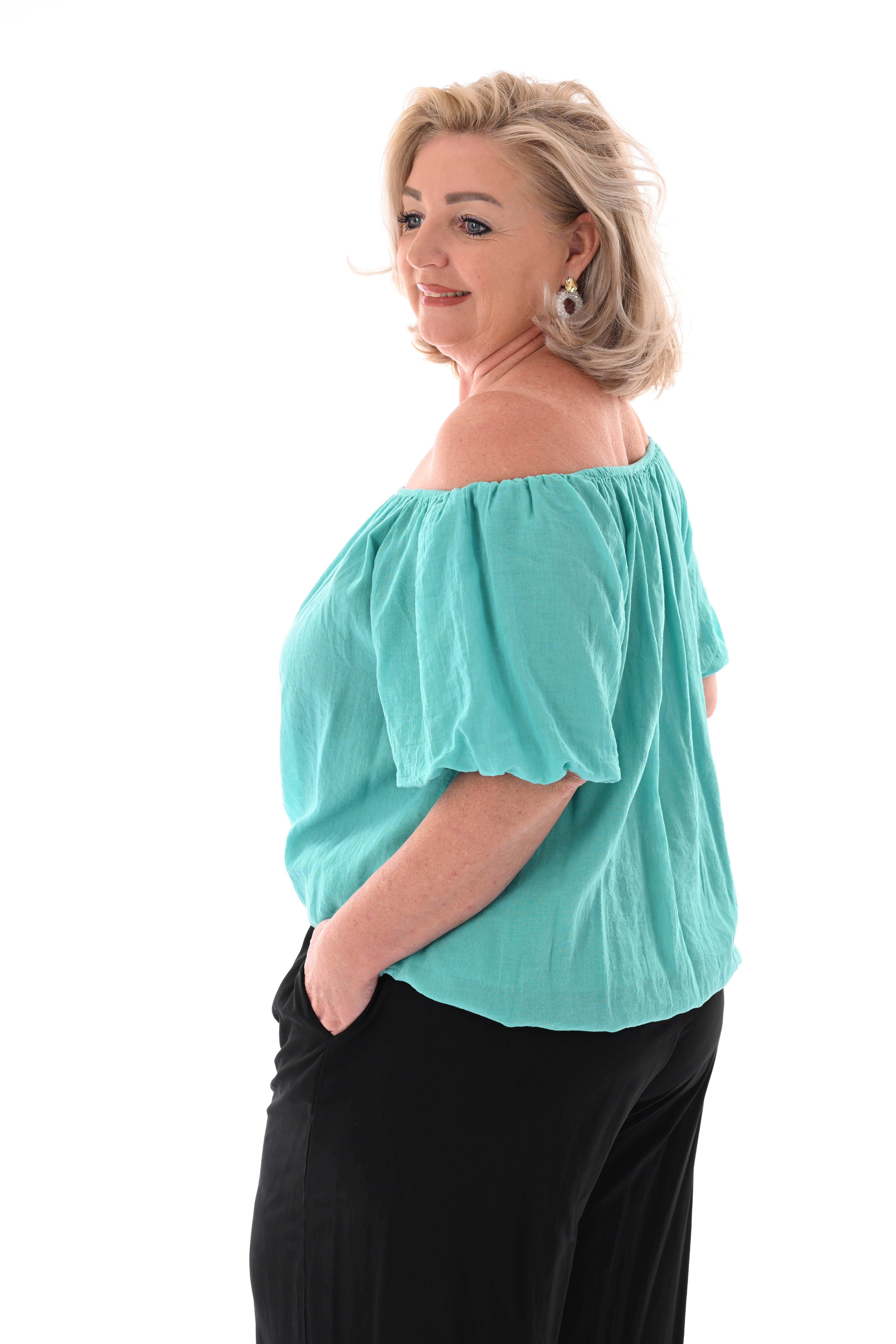Top korte pofmouwen turquoise