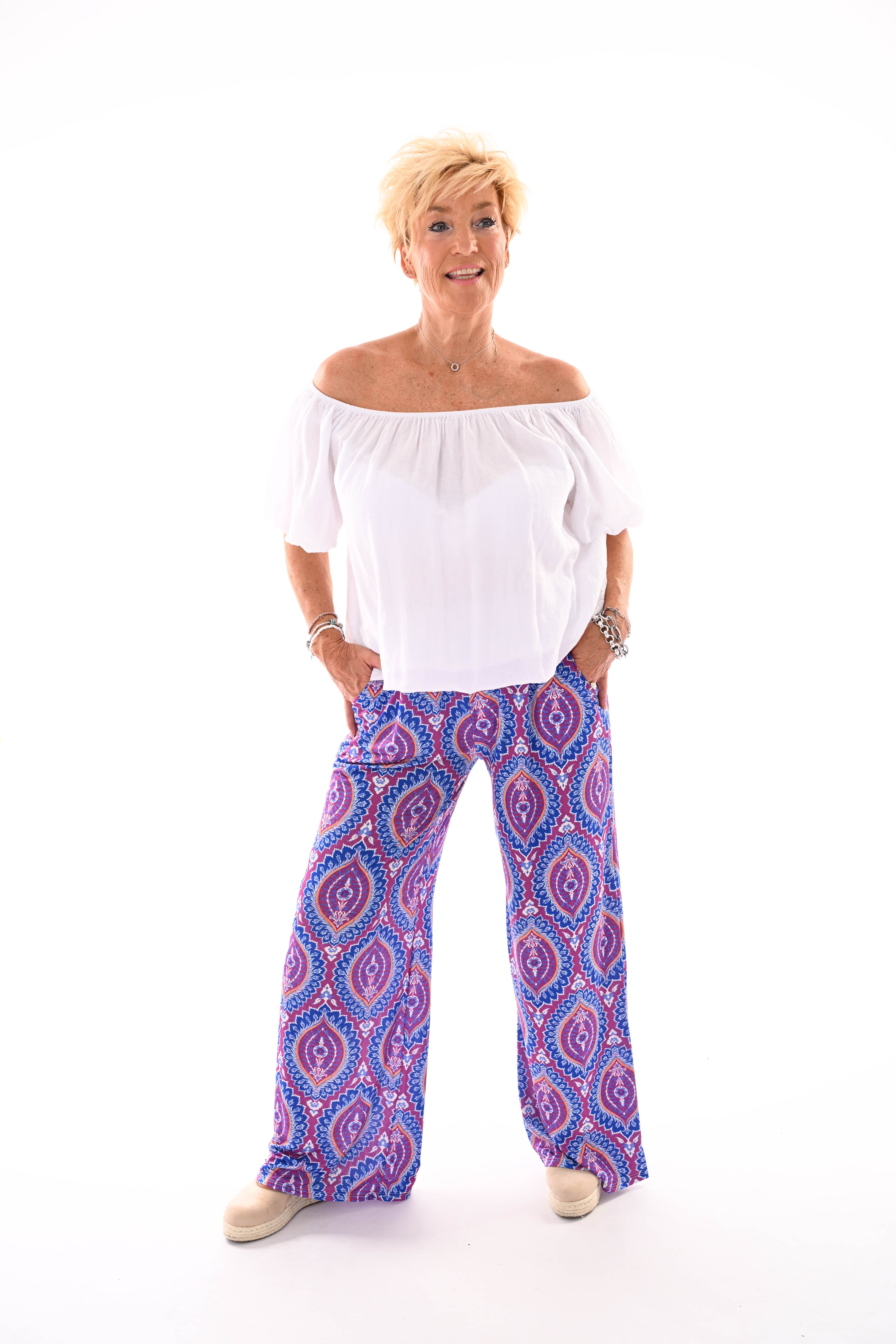 Broek met print damast kobaltblauw