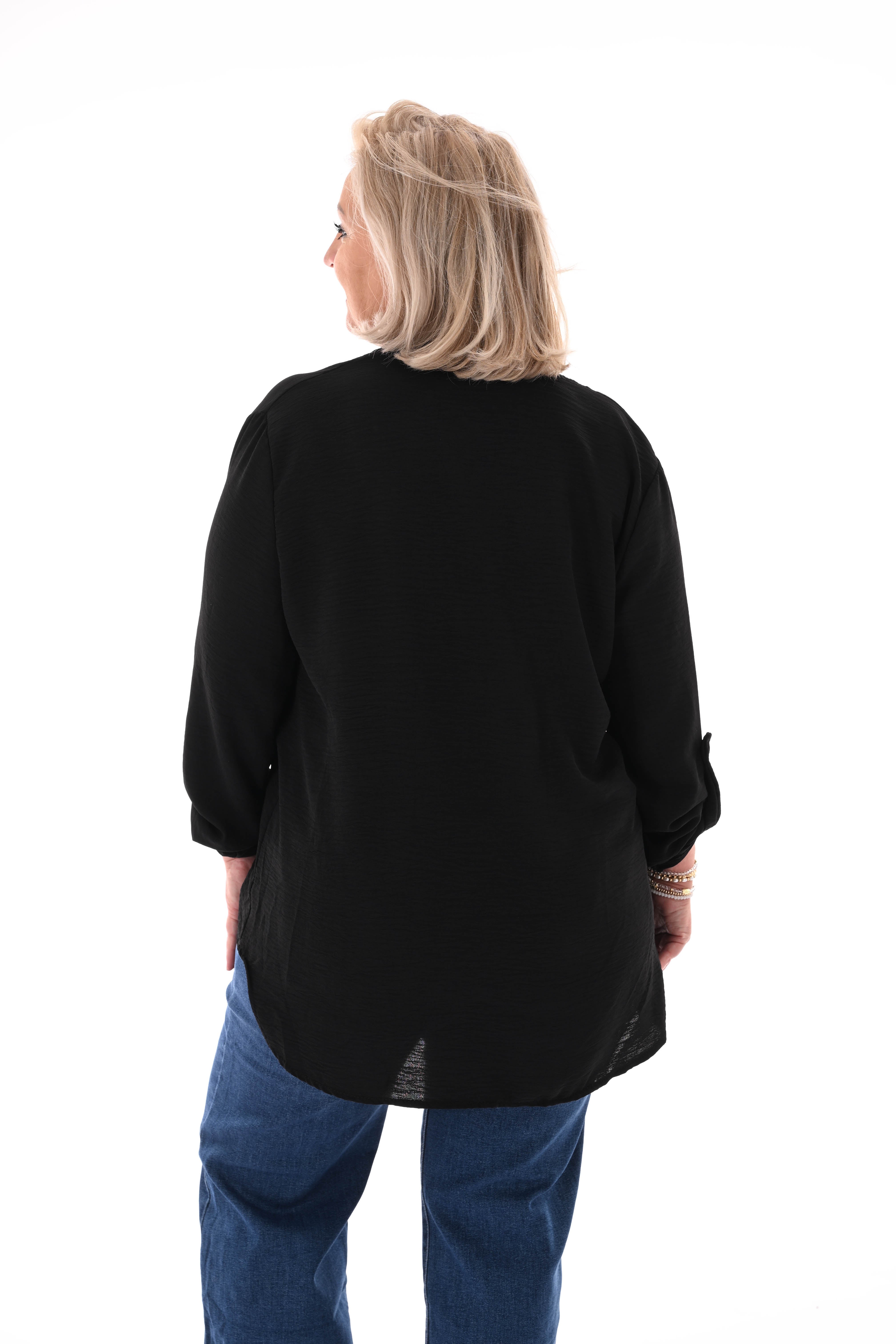 Blouse v-hals met ophaalmouwen uni zwart