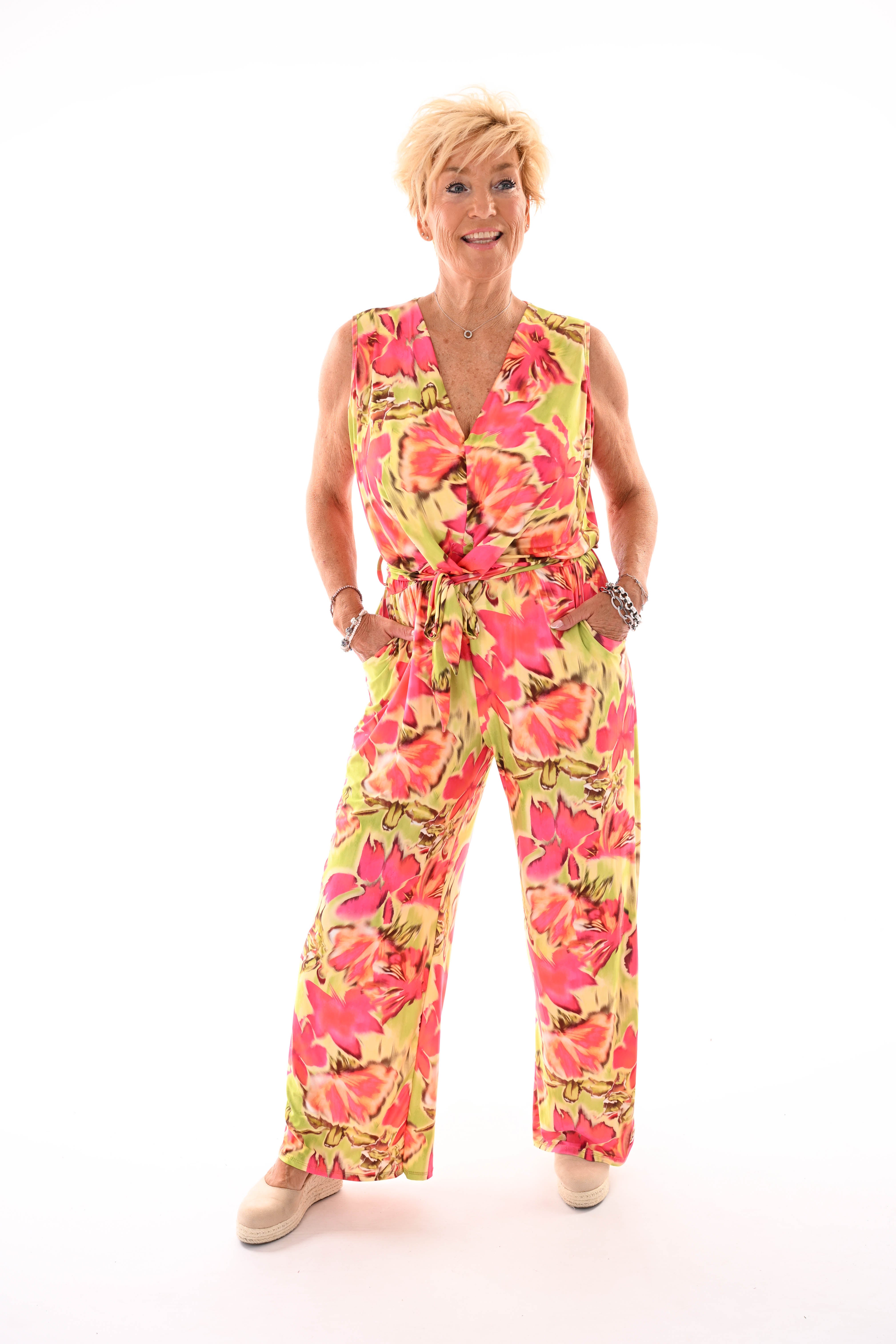 Jumpsuit v-hals print bloemen fuchsia/lime