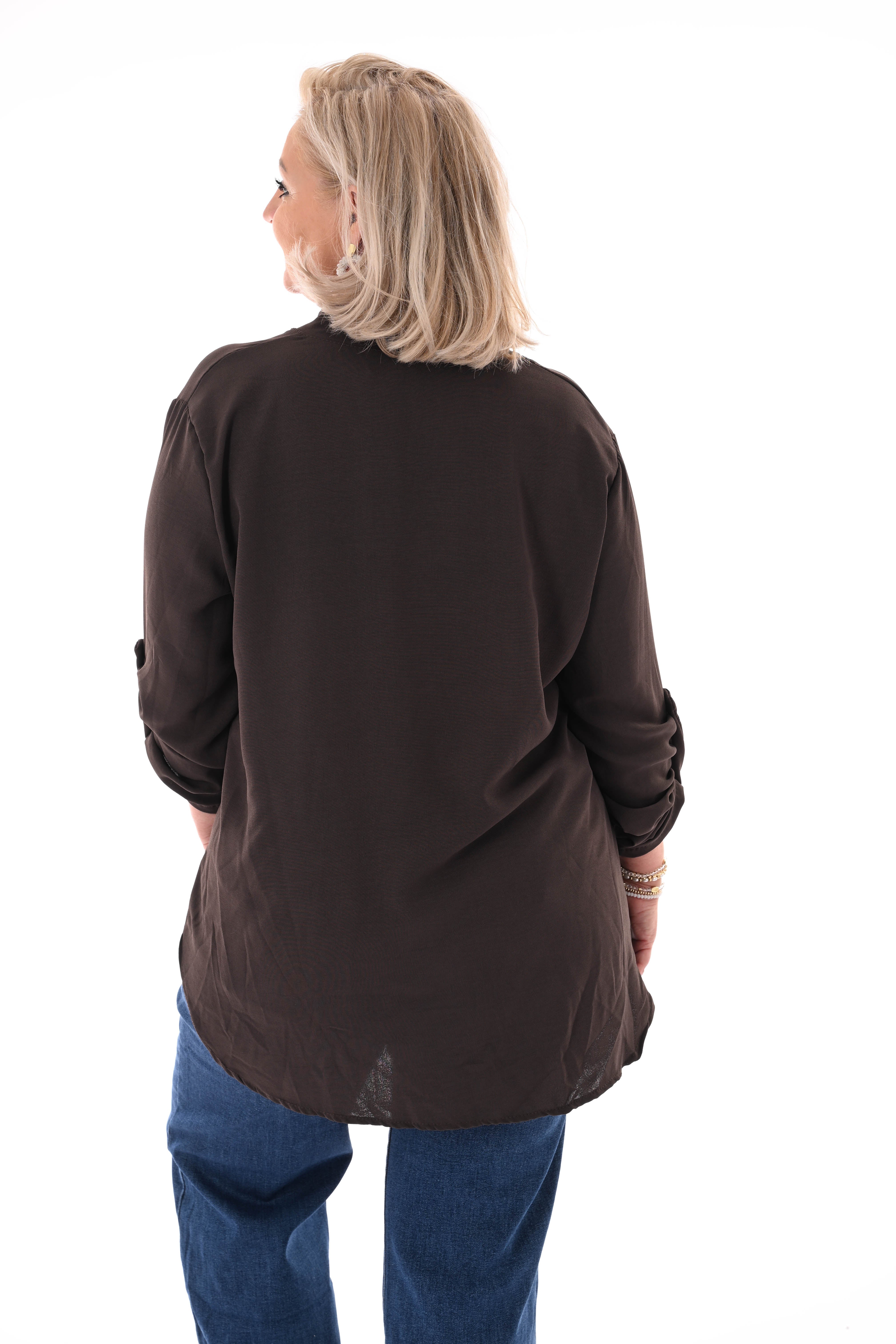 Blouse v-hals met ophaalmouwen uni bruin