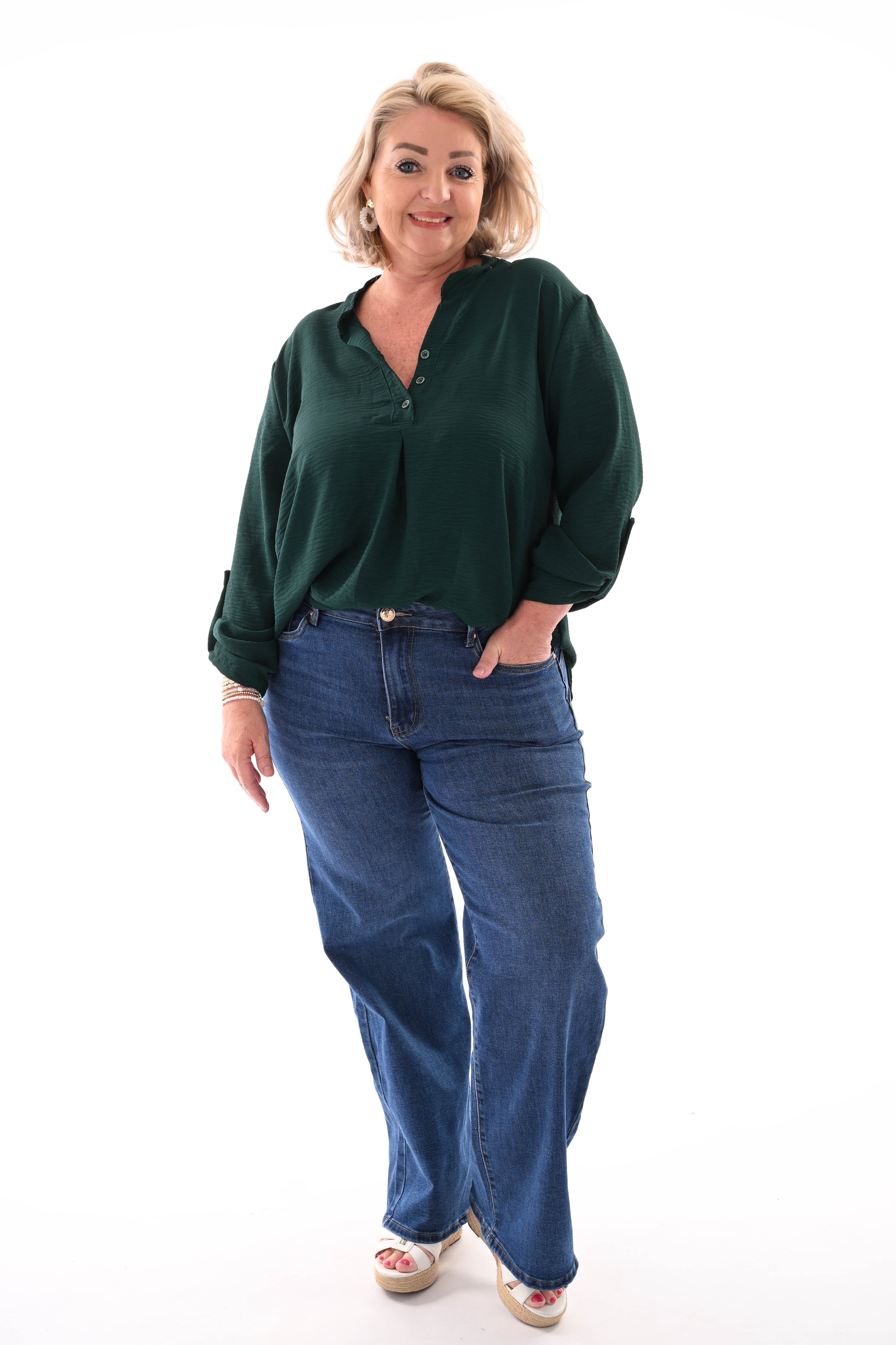 Blouse v-hals met ophaalmouwen uni flessengroen
