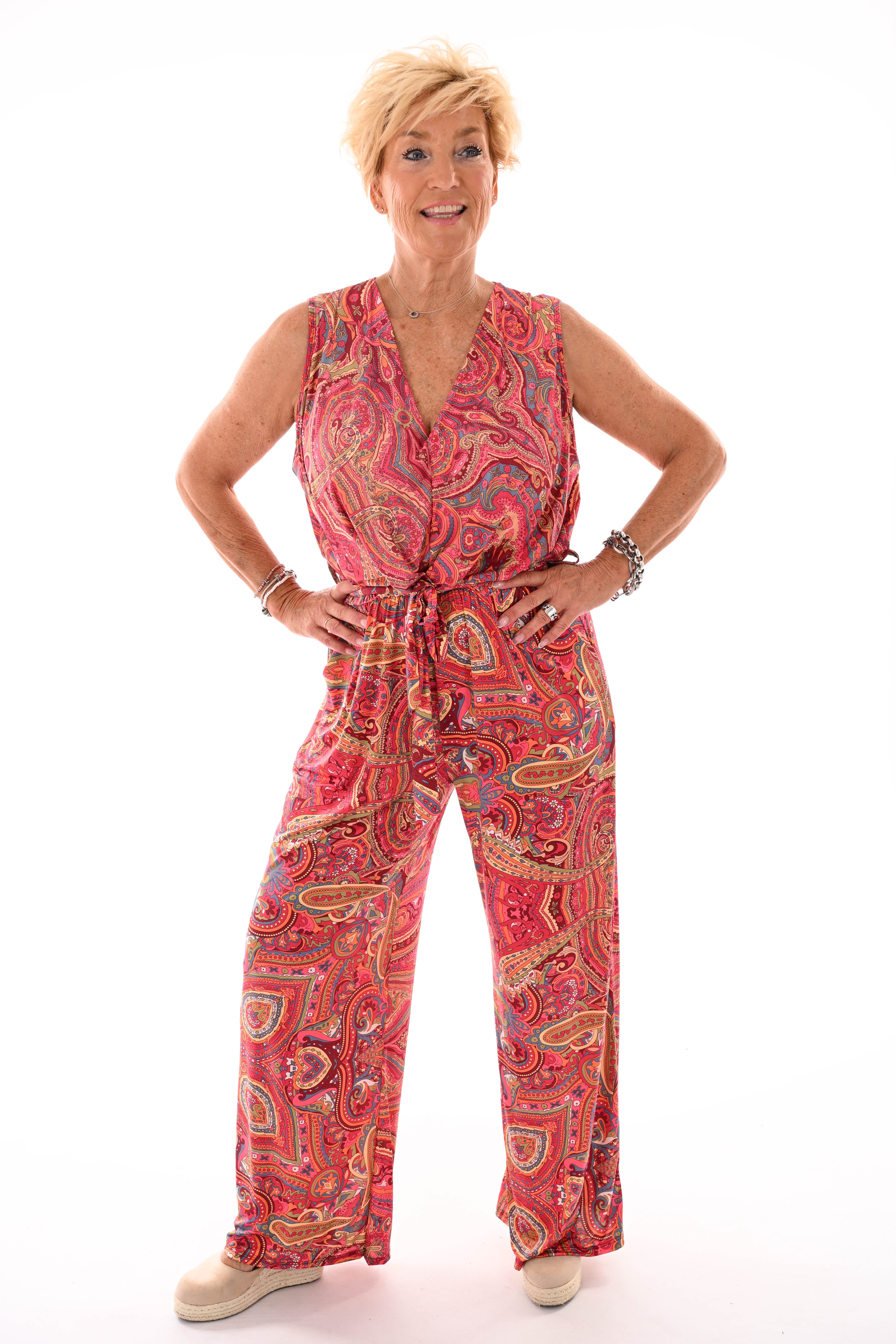 Jumpsuit v-hals print paisley bordeaux/roze