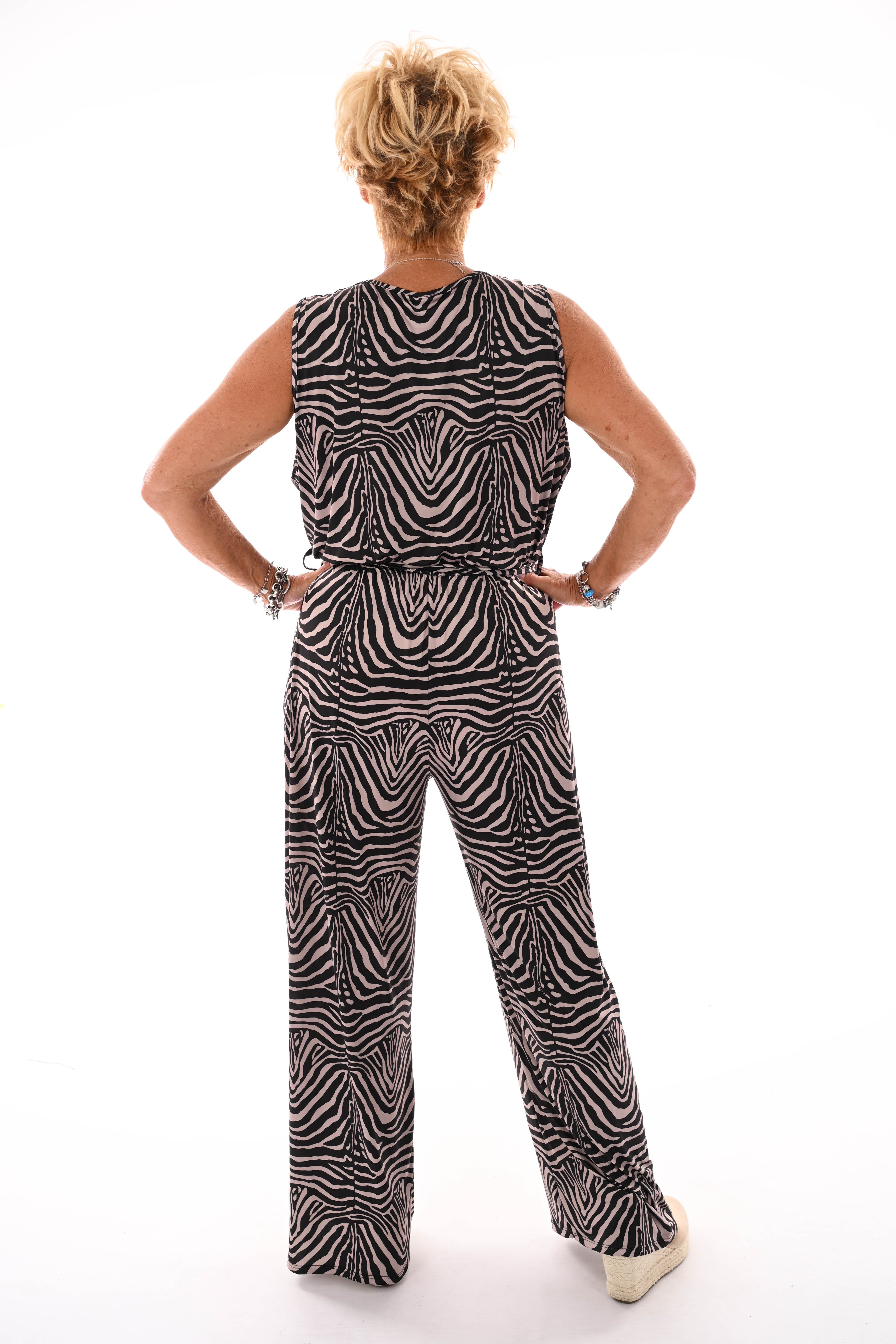 Jumpsuit v-hals print zebra zwart/beige