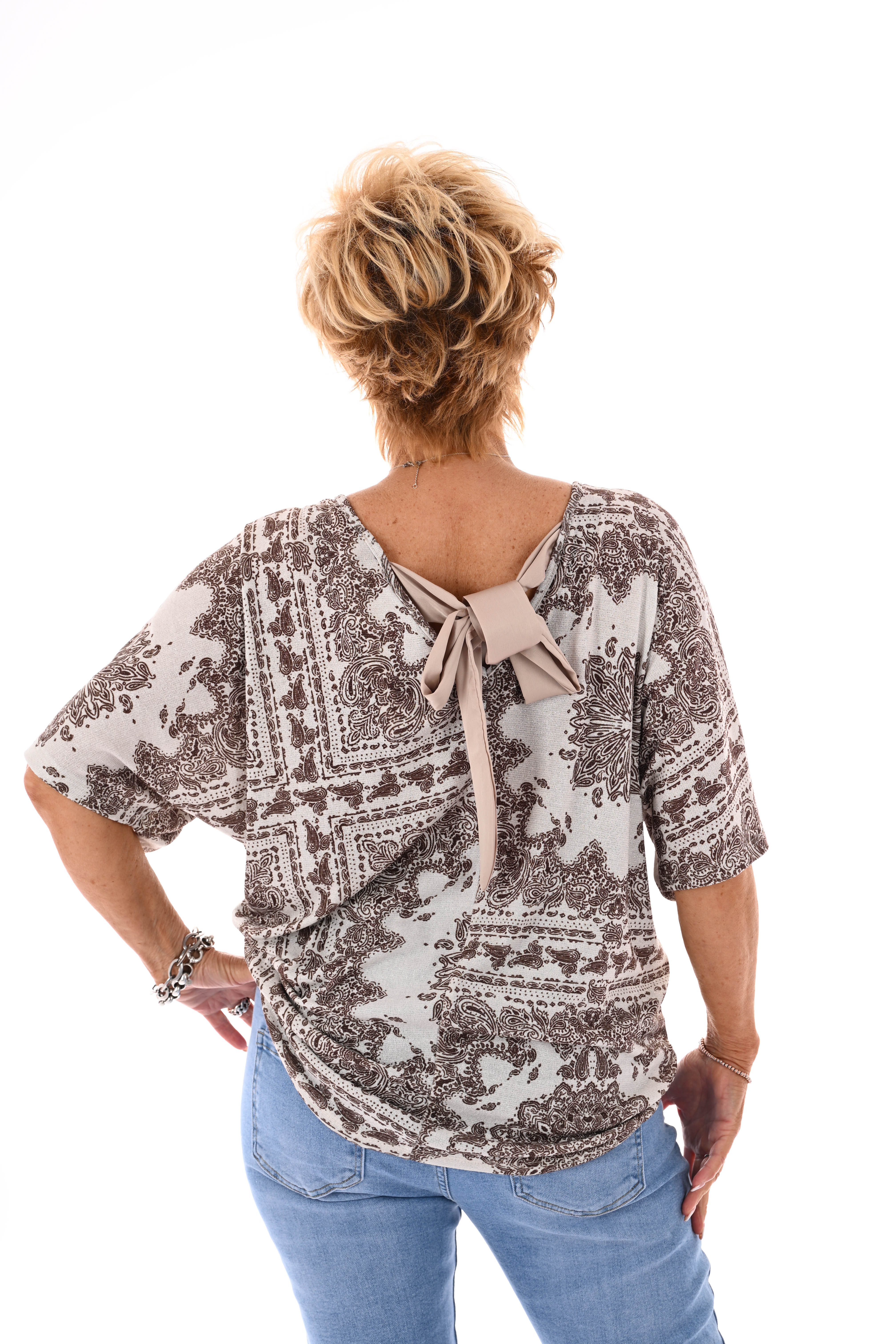 Top vleermuismouwen paisley met strik beige