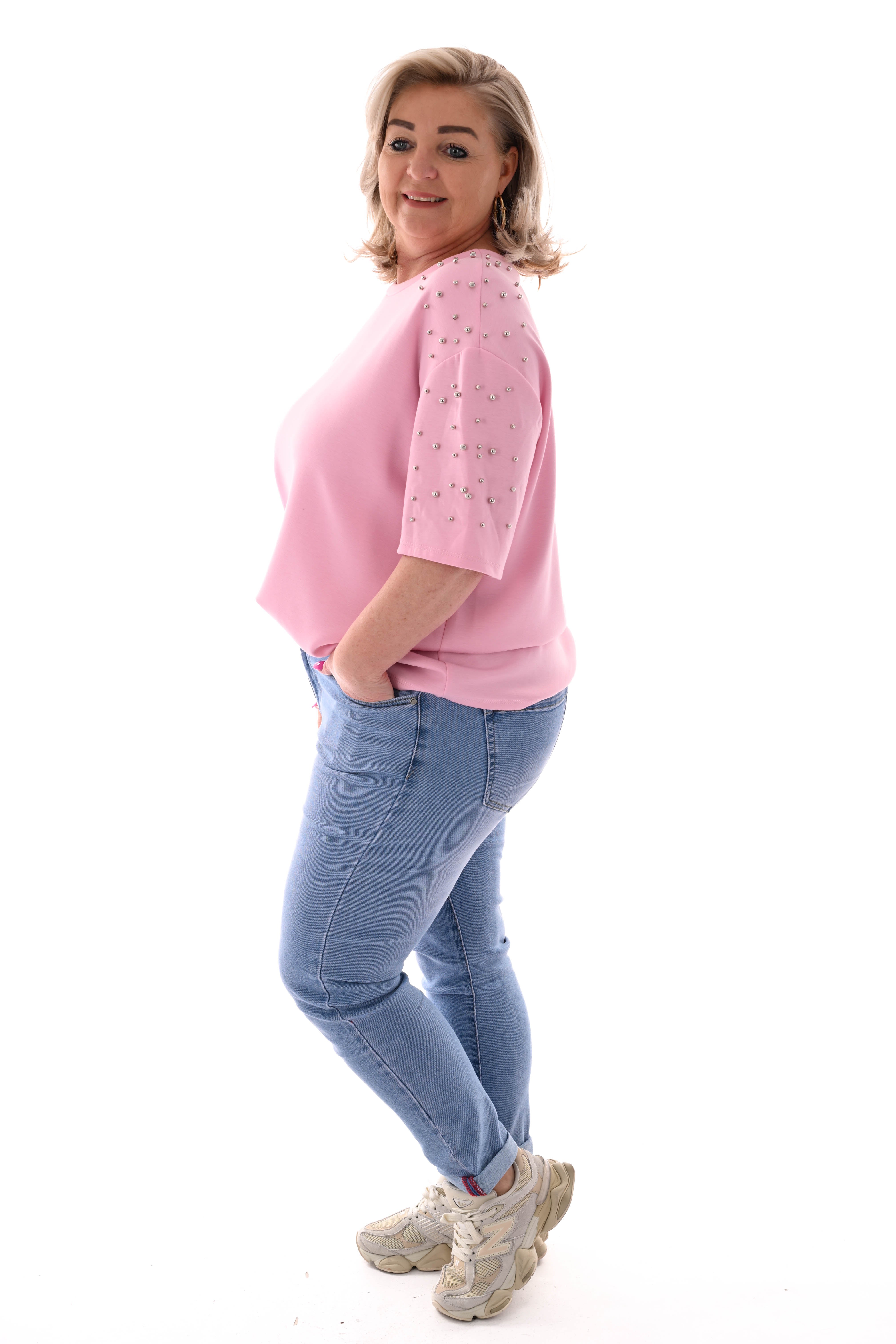 Sweater korte mouwen studs lichtroze