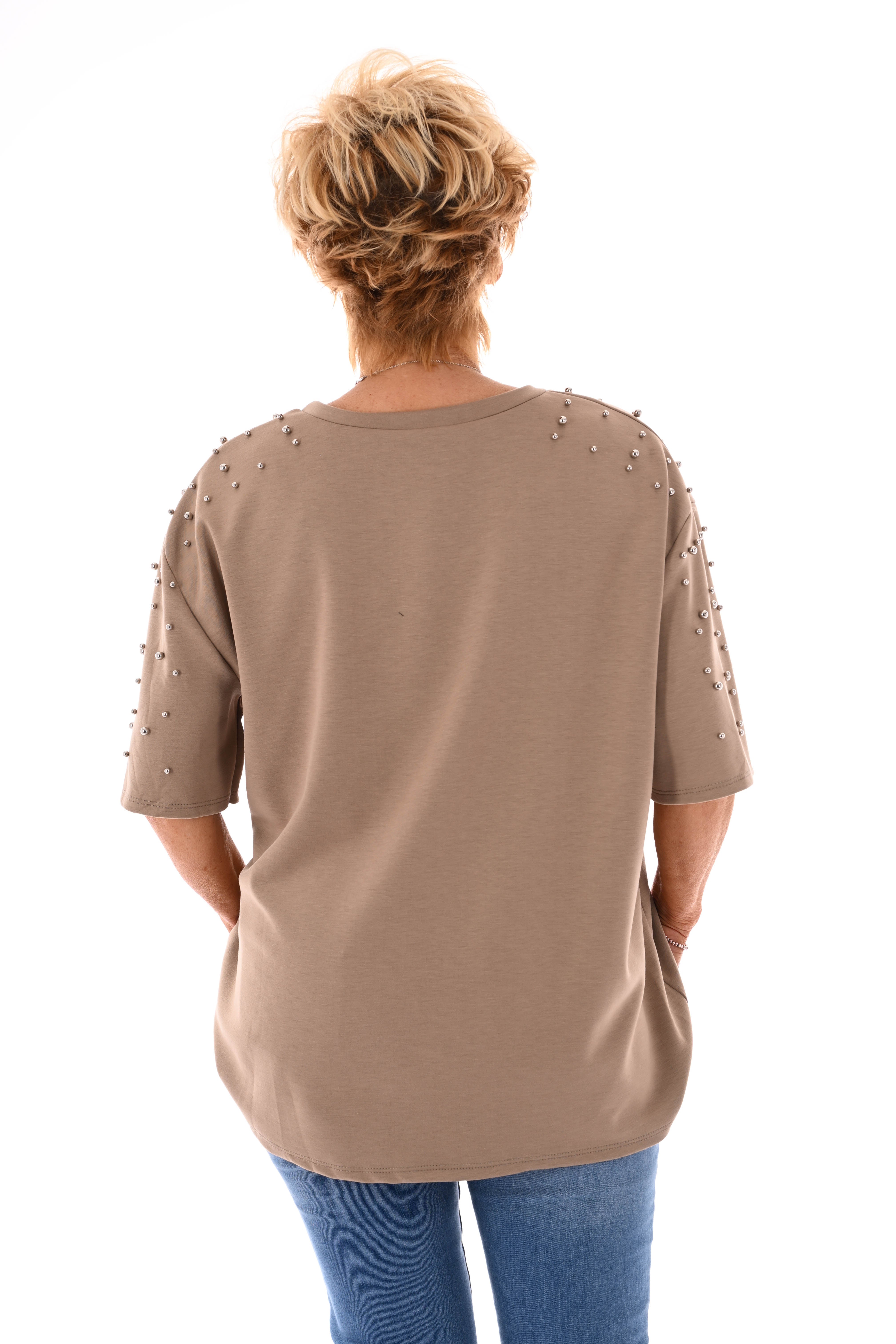 Sweater korte mouwen studs taupe