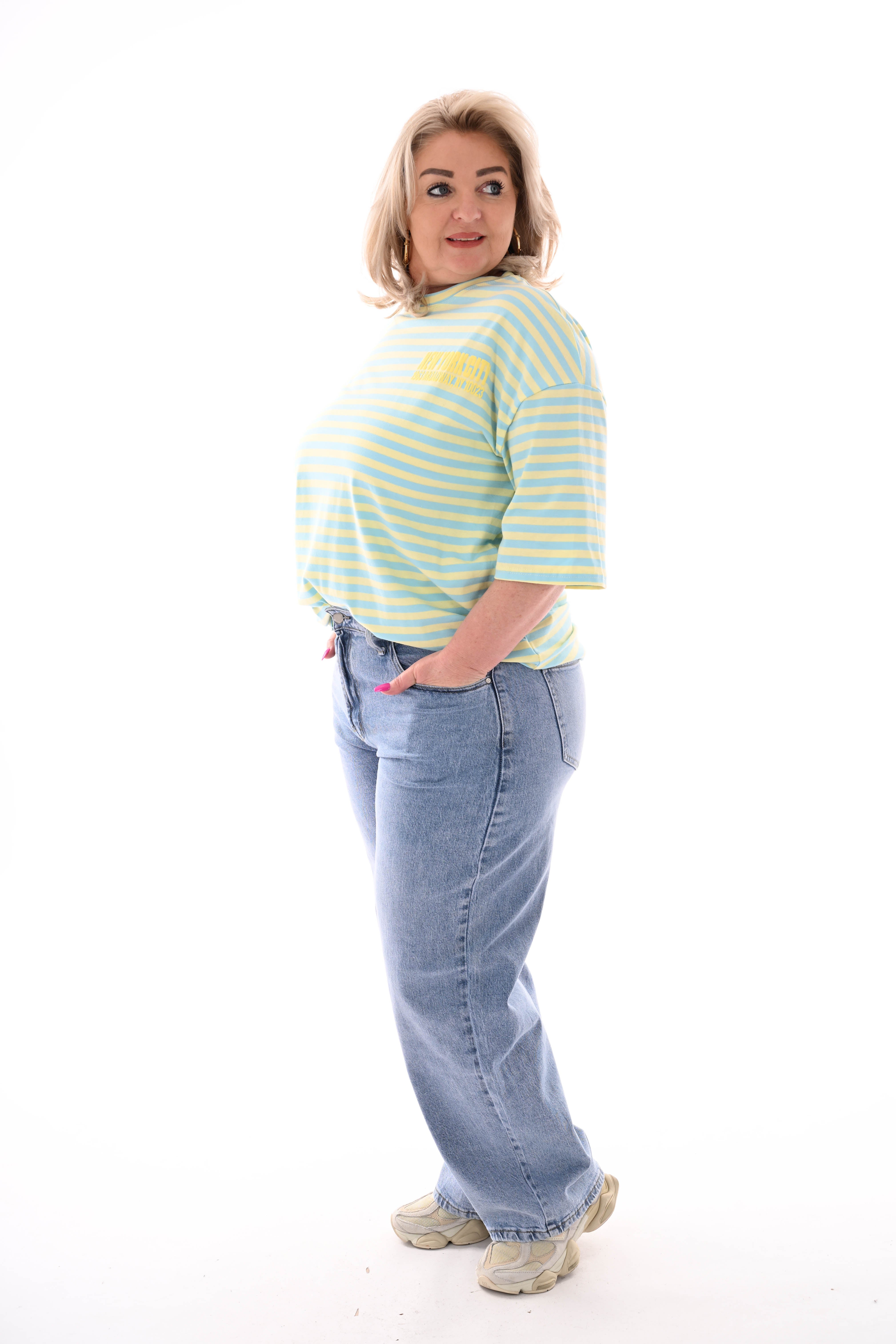 T-shirt streepjes NewYork lichtgeel/lichtblauw