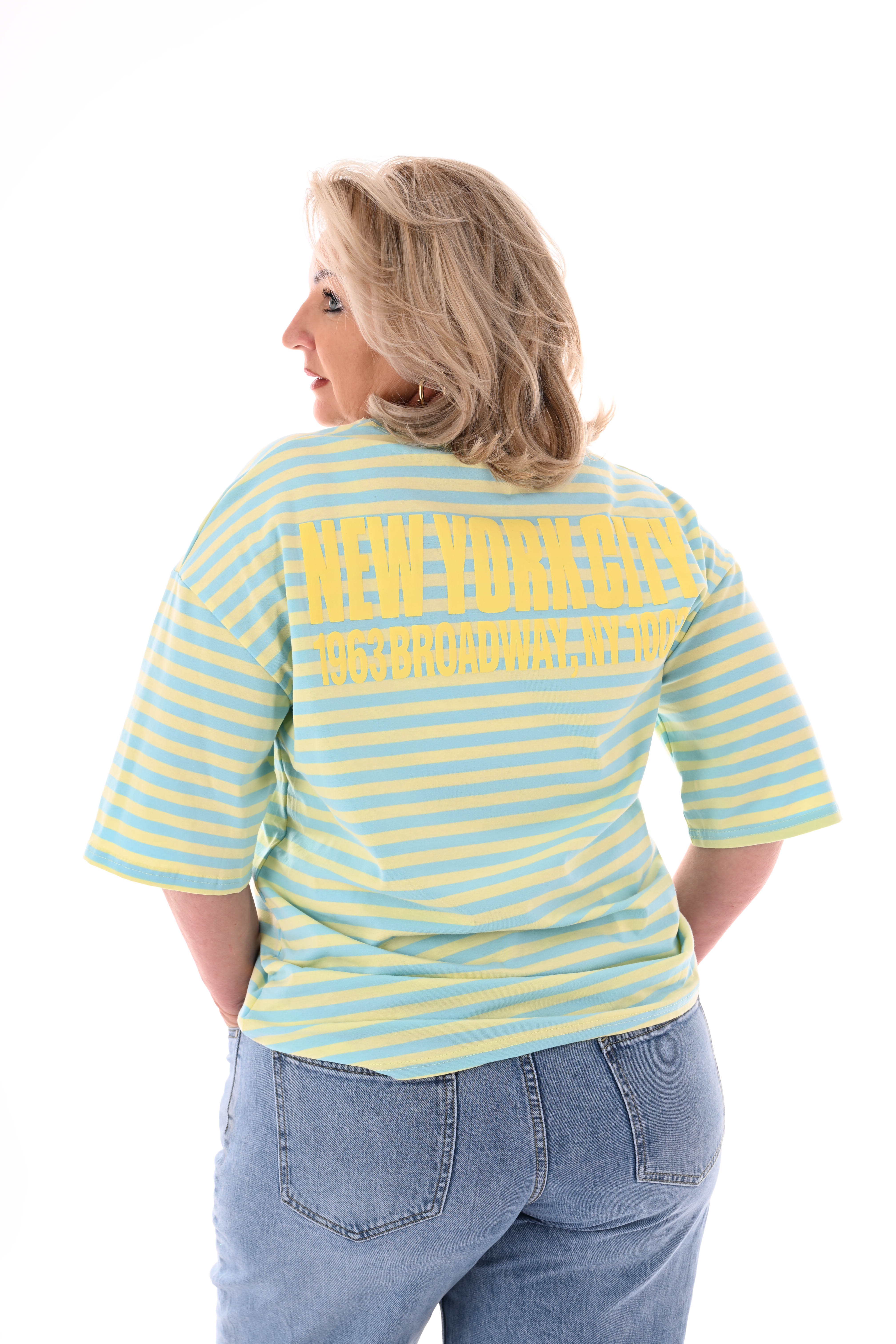 T-shirt streepjes NewYork lichtgeel/lichtblauw