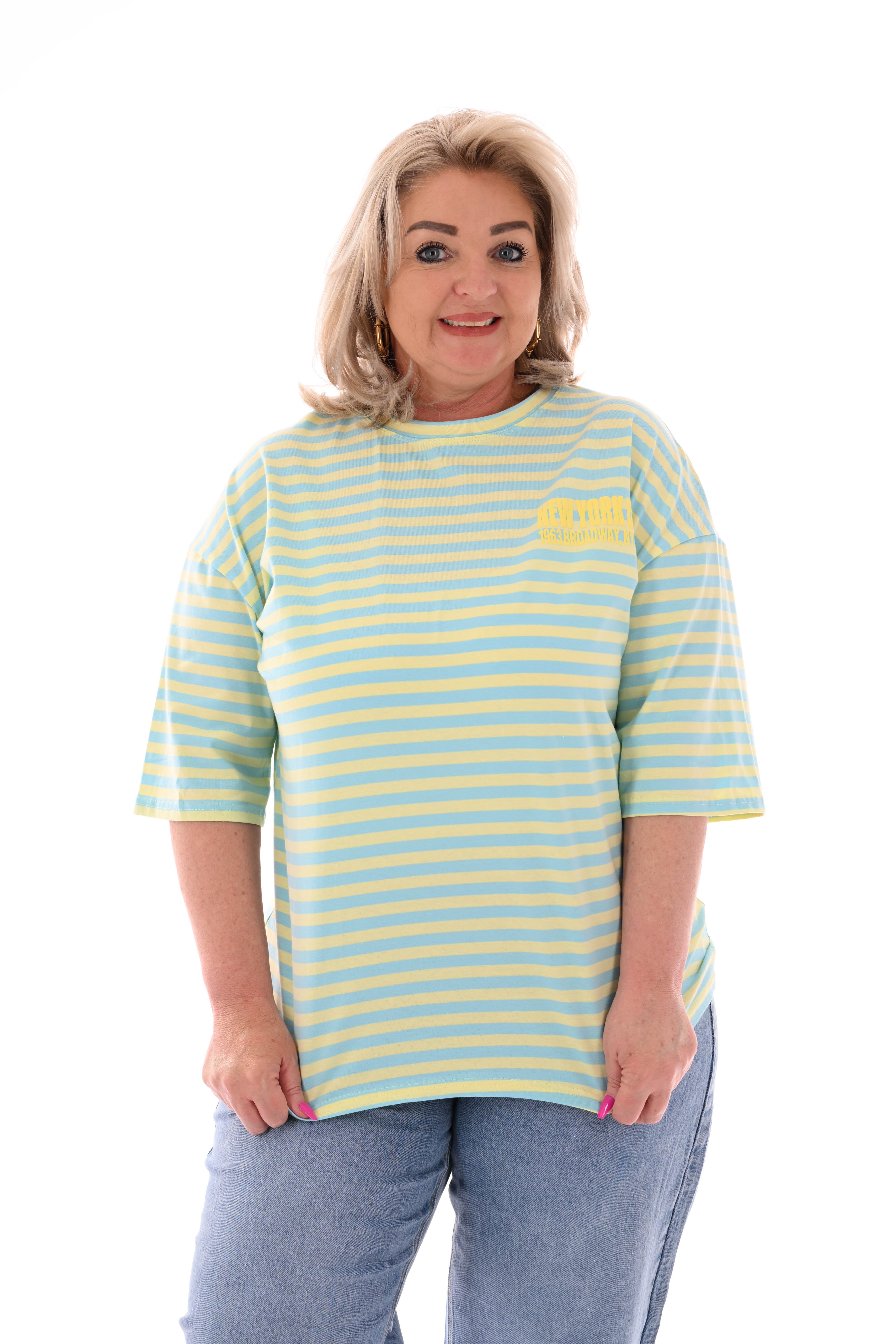 T-shirt streepjes NewYork lichtgeel/lichtblauw