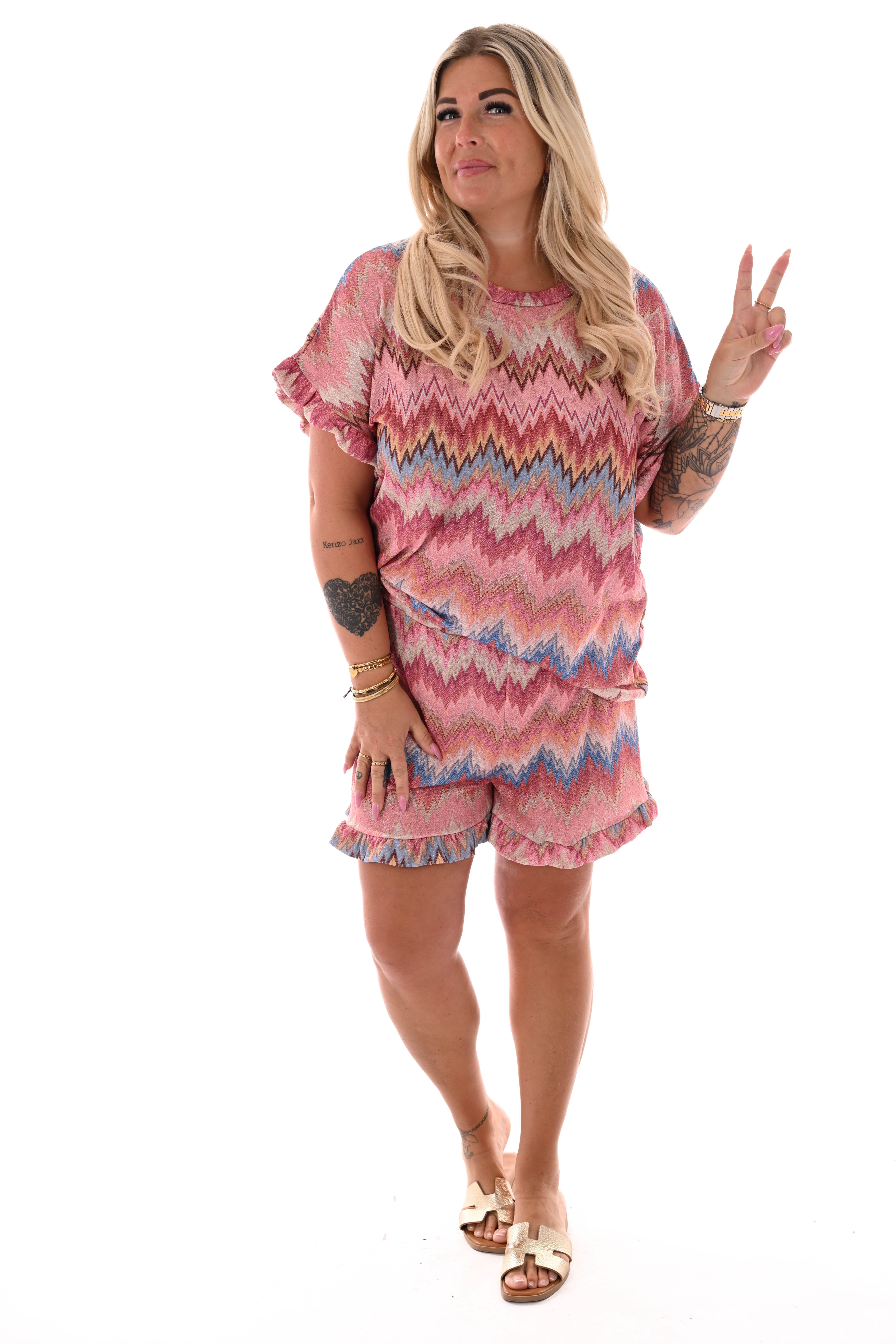 Twinset zigzag korte roezelmouwen lichtroze