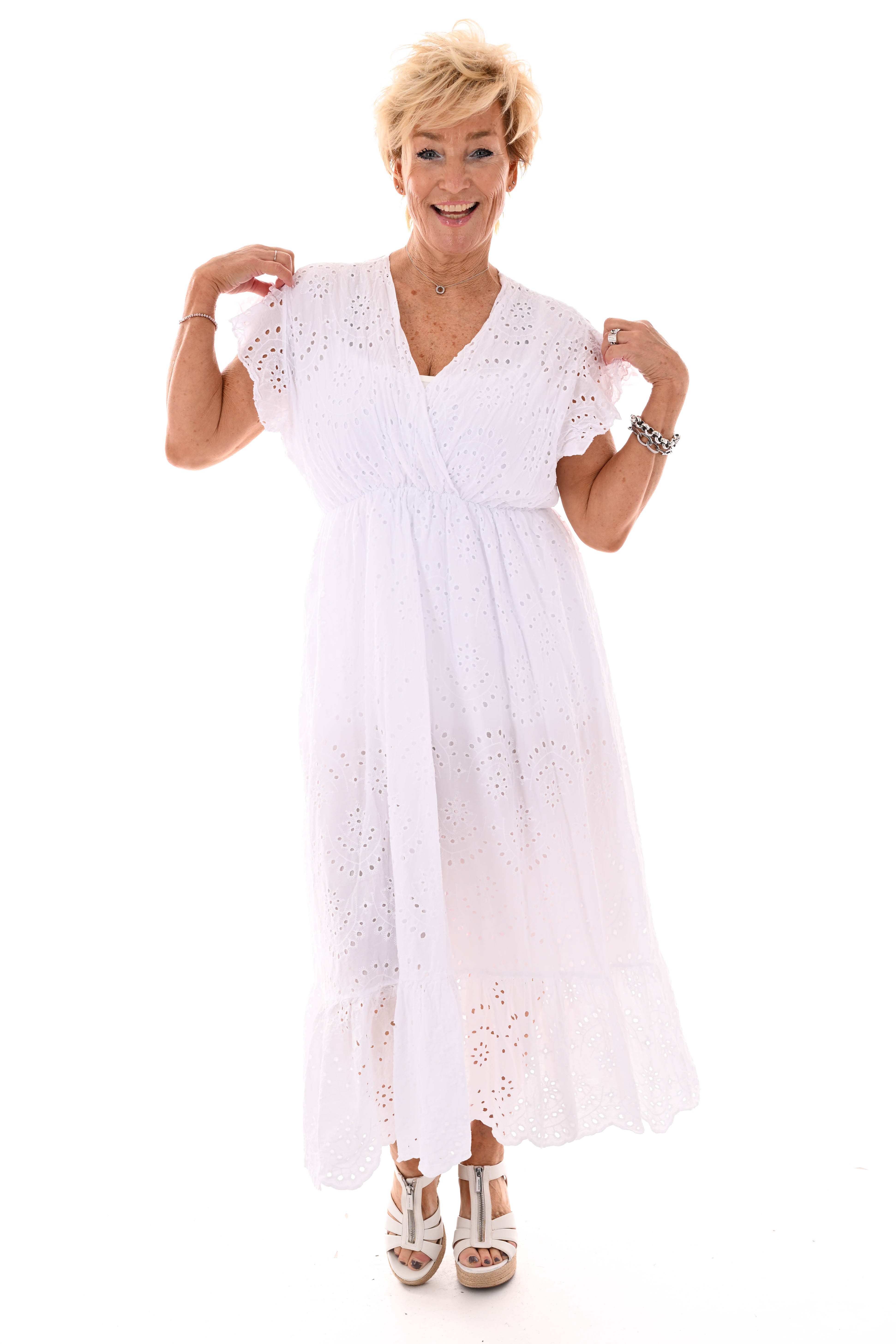 Maxi broderie jurk v-hals wit