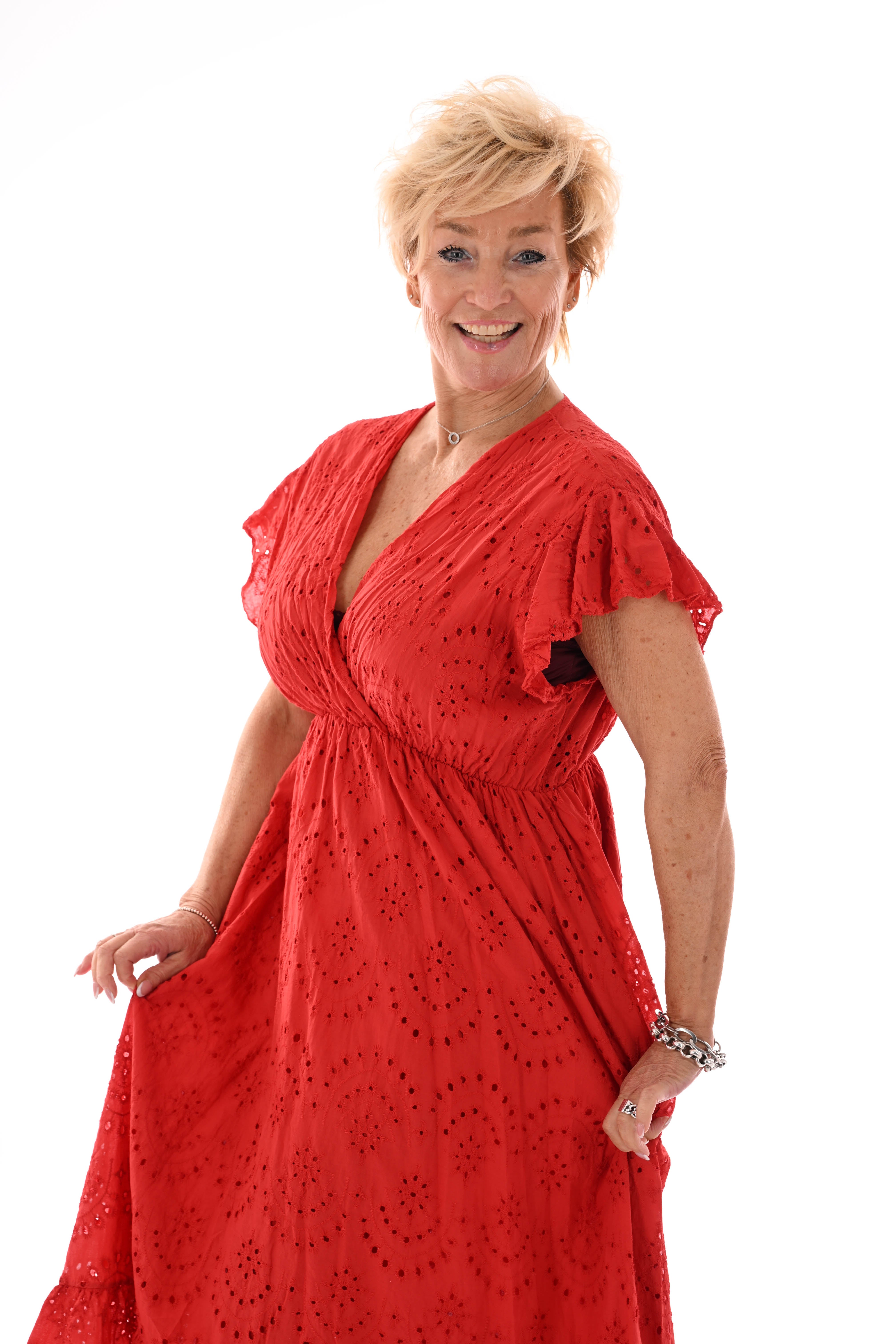 Maxi broderie jurk v-hals rood