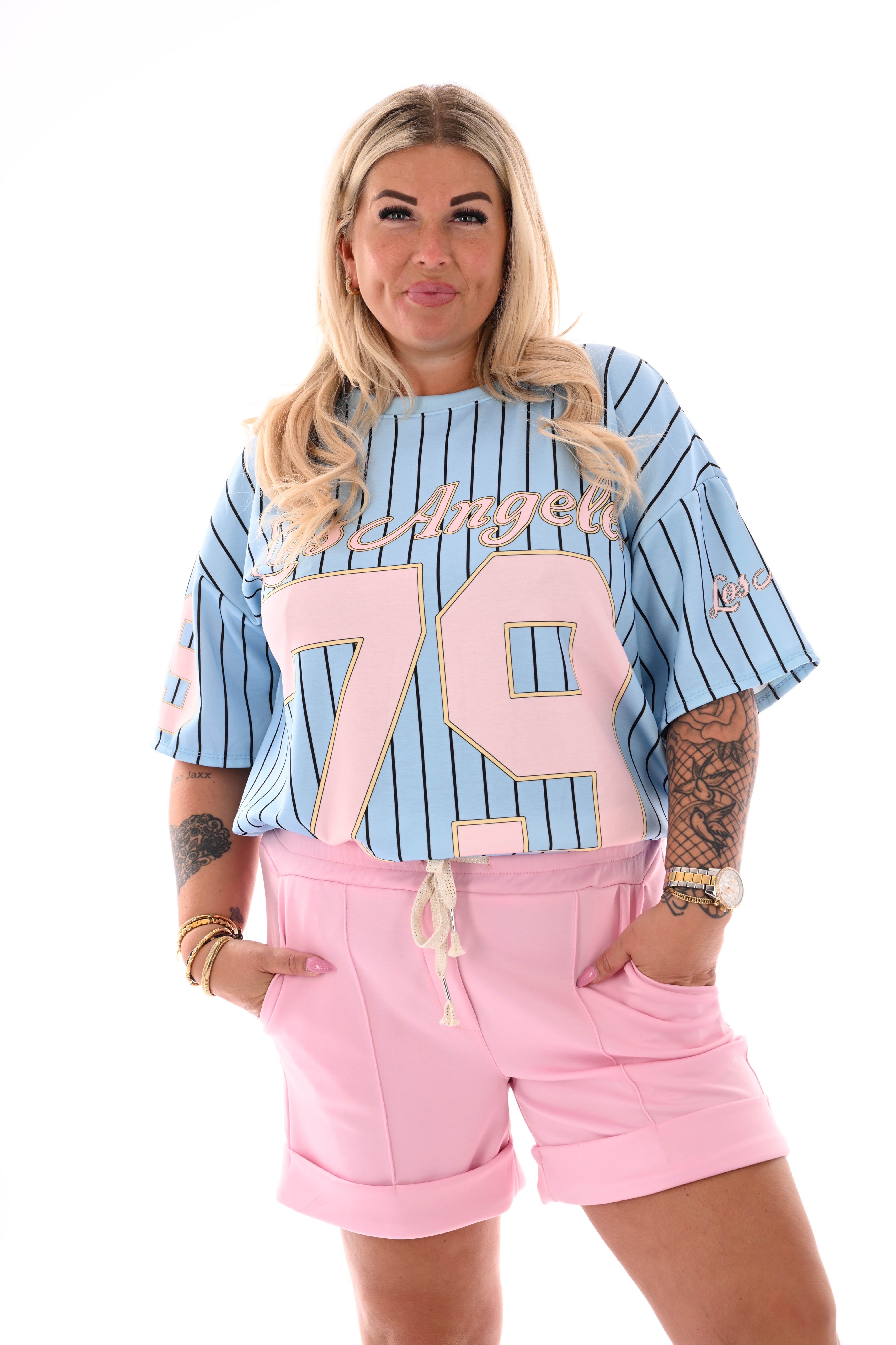 Top strepen korte mouwen Los Angeles lichtblauw