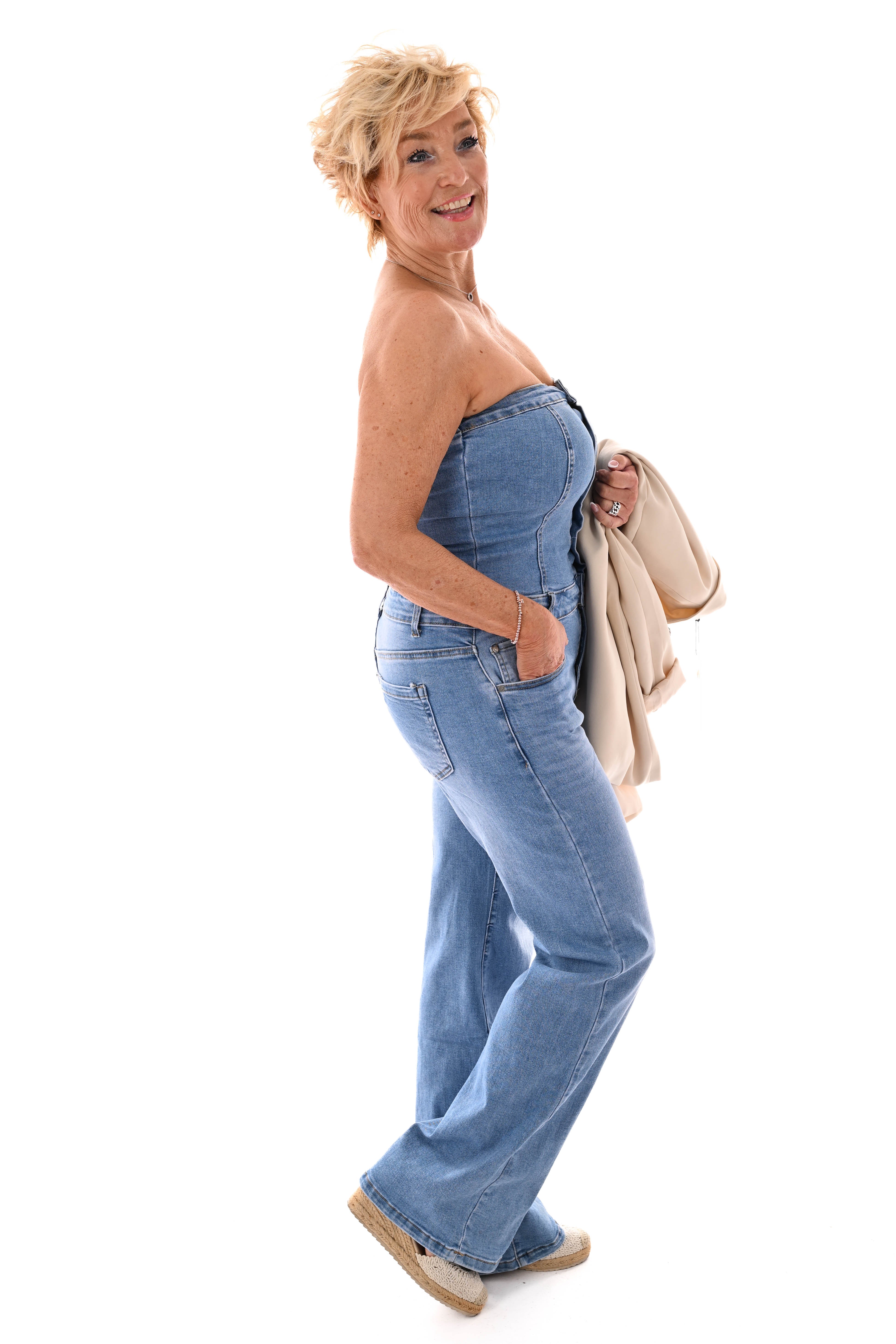 G-smack denim jumpsuit off-shoulder blauw