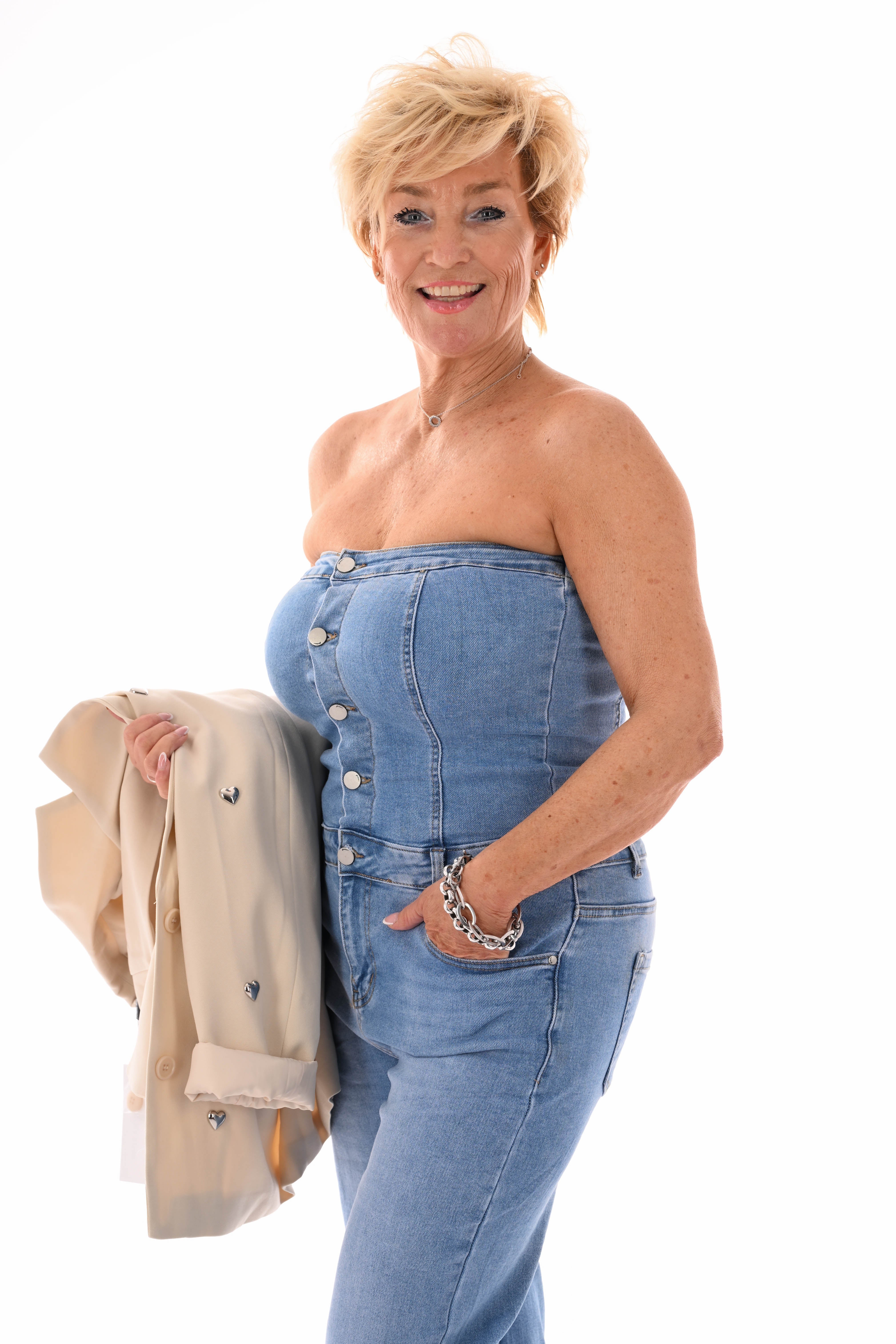 G-smack denim jumpsuit off-shoulder blauw