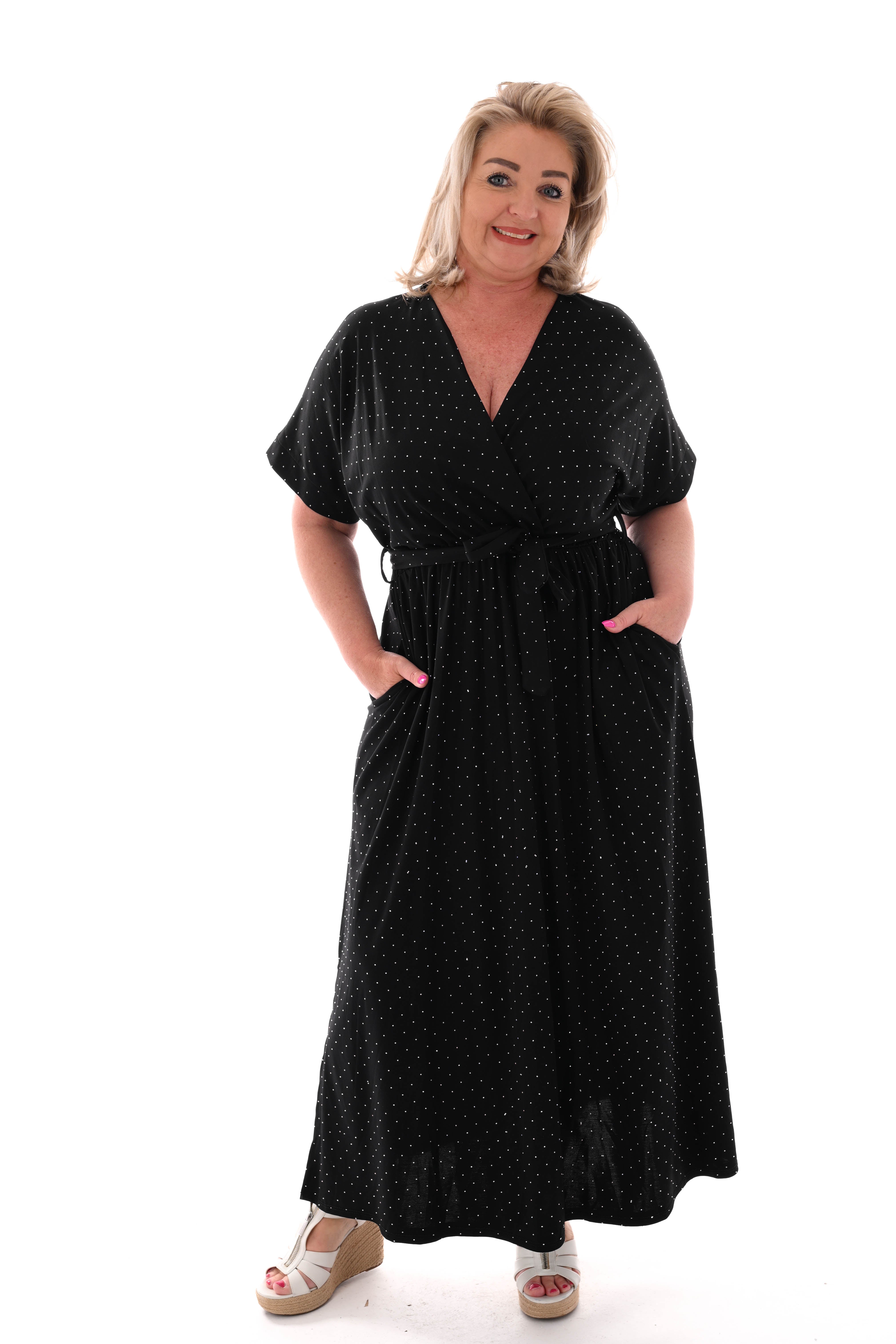 Maxi jurk overslag strass zwart