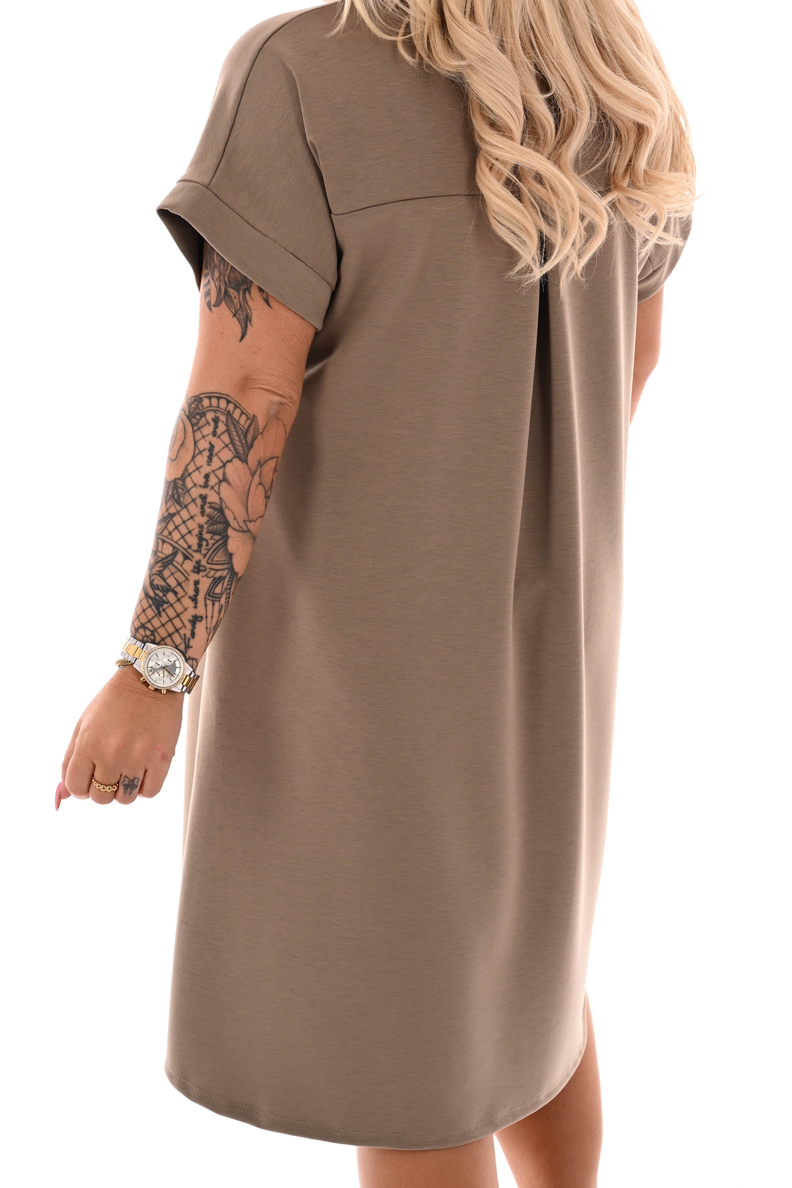 Sweaterdress ronde hals zakken korte mouwen taupe